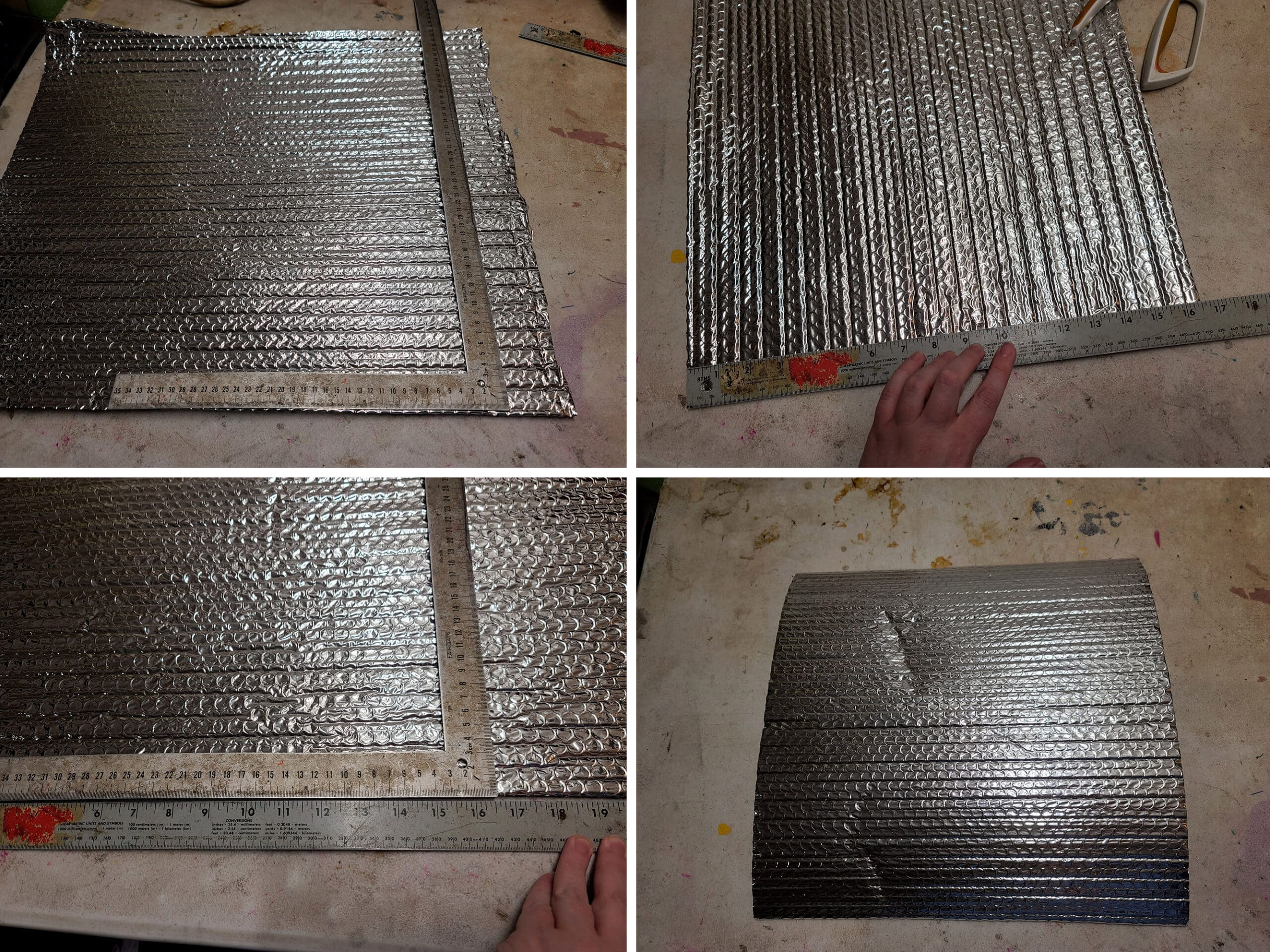 4 part image showing a long ruler and square rule being used to cut a piece of reflectix insulation into a square.