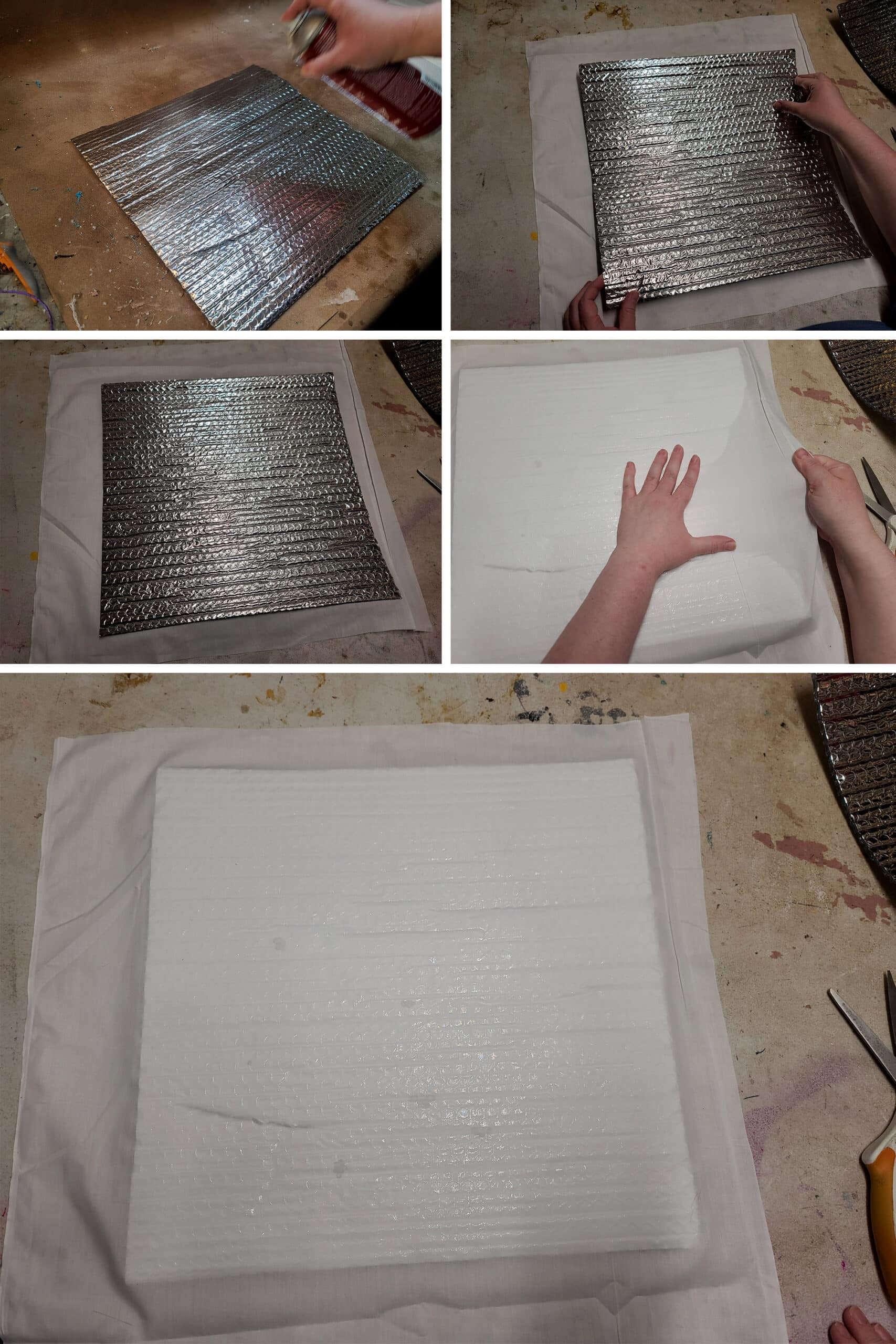 5 part image showing a square of reflectix being sprayed with glue, inverted over a piece of white broadcloth, flipped, and having the wrinkles straightened out.