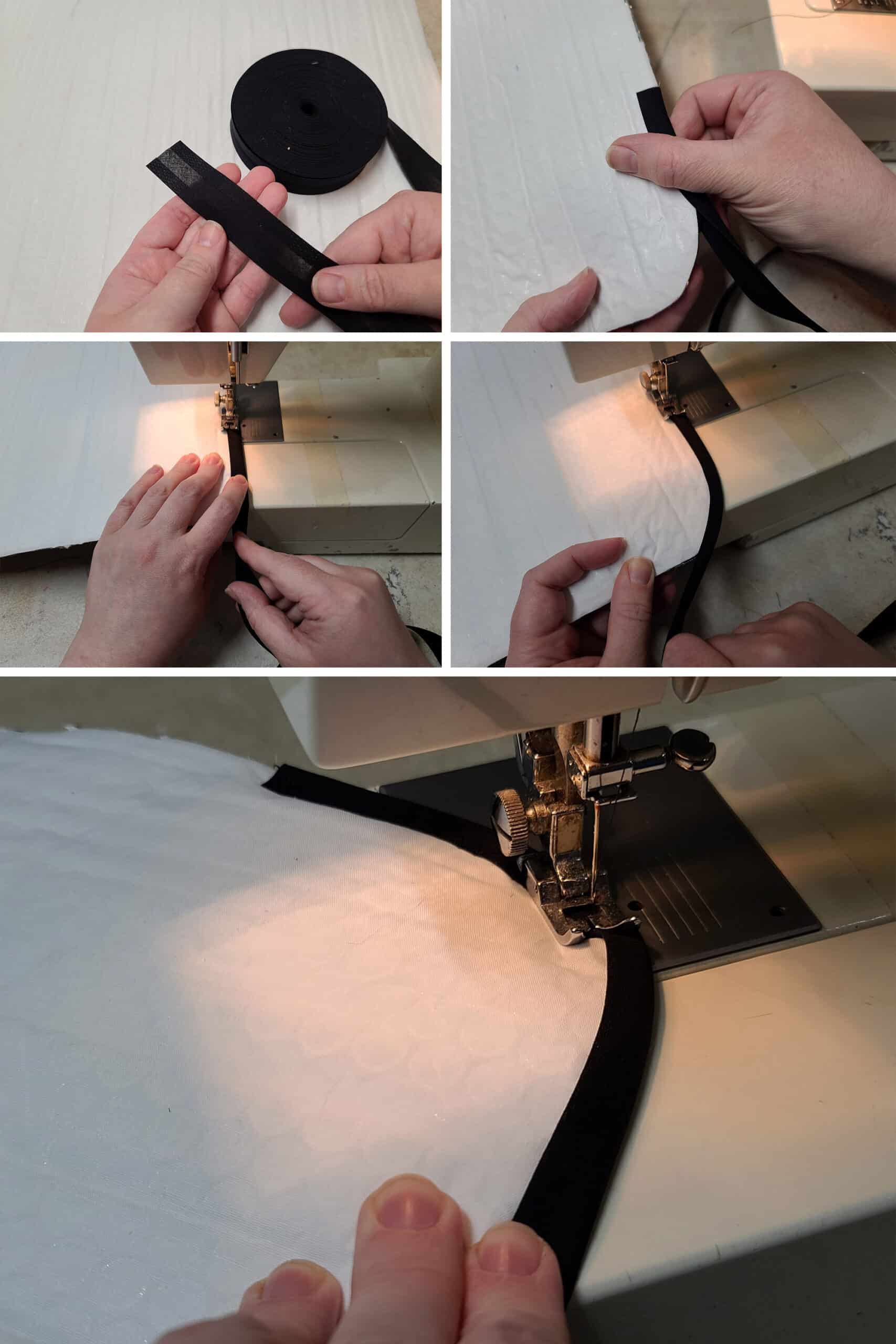 5 part image showing black bias tape being folded over the edge of the fabric covered reflectix, stretched around a corner, and stitched down.