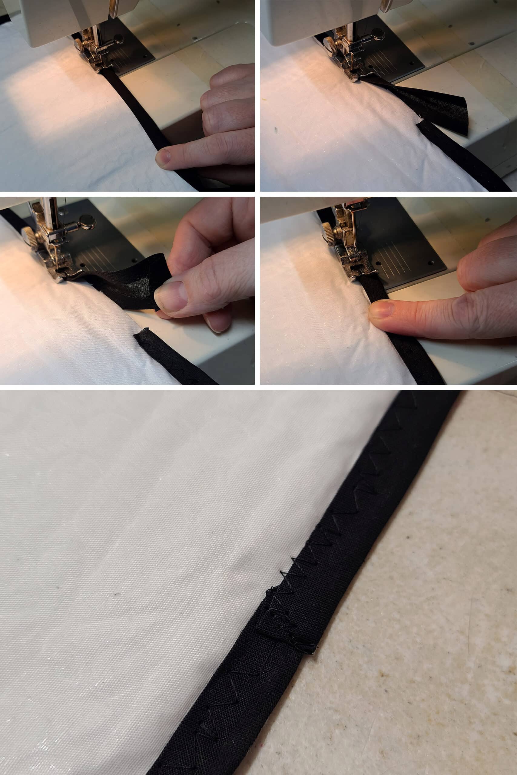 5 part image showing the black bias tape being sewn around the edge of the fabric covered RV window shade.