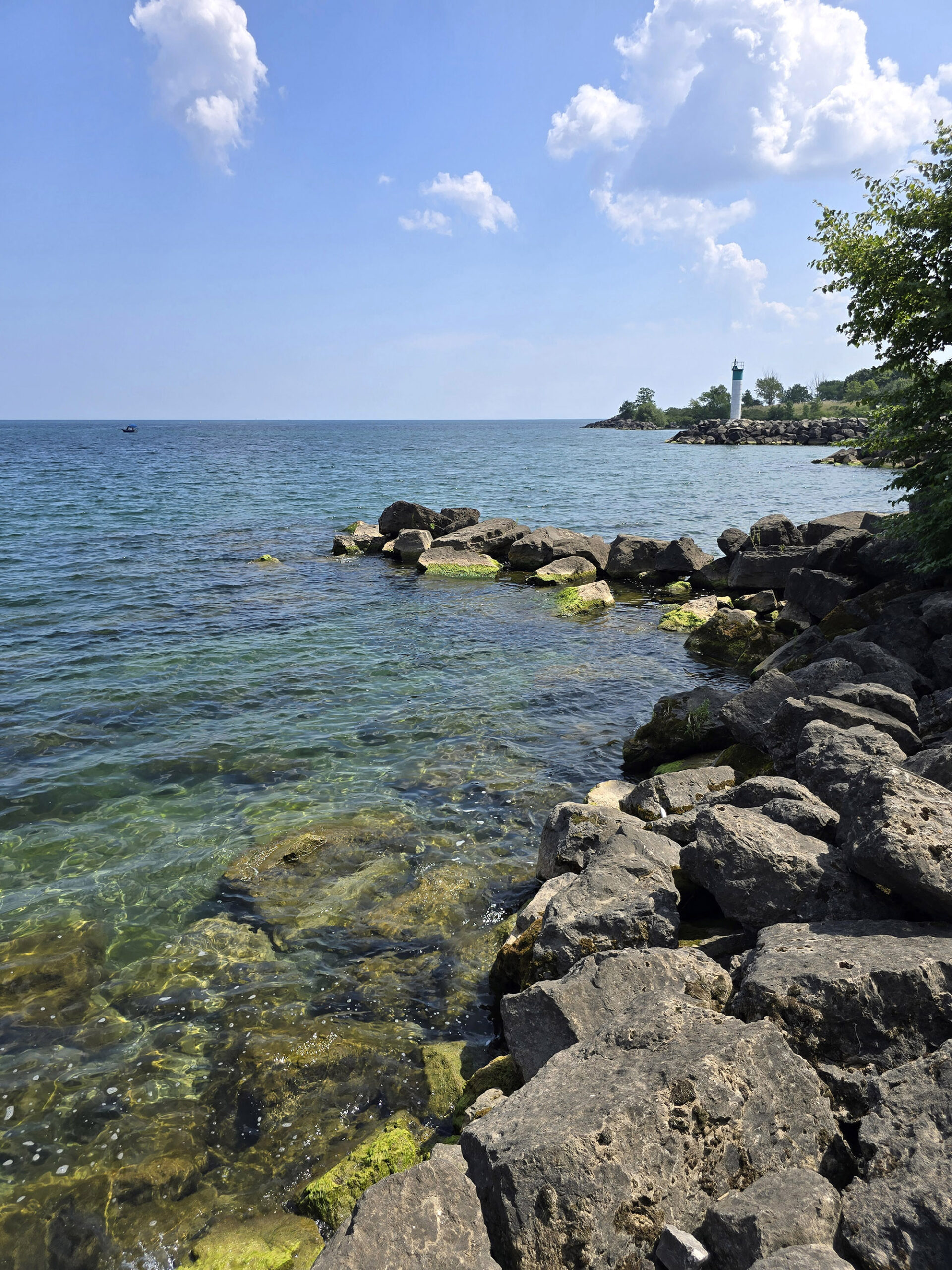 A rocky shoreline on Lake Ontario.