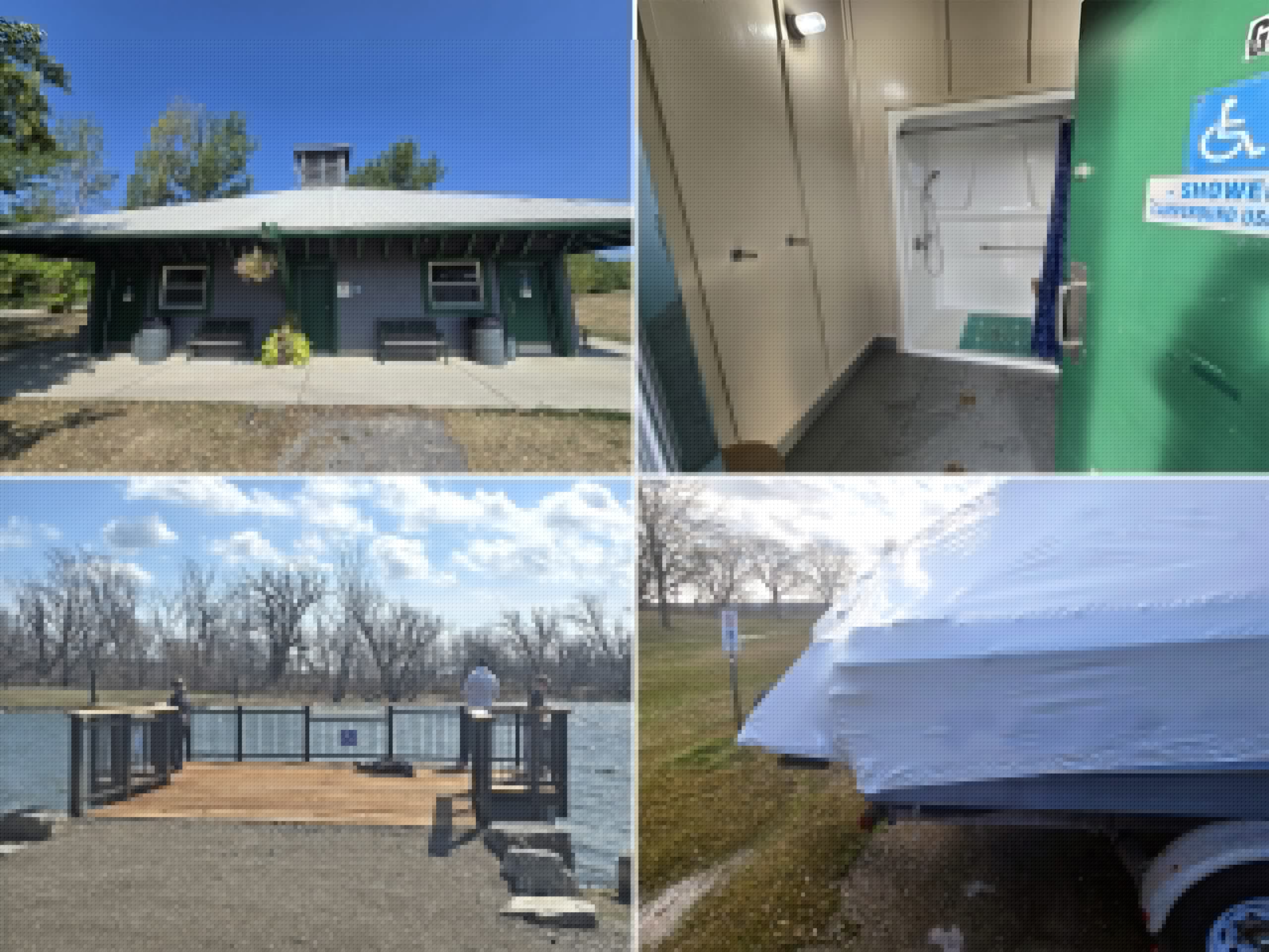 4 part image showing the comfort station, accessible shower, accessible fishing platform, and a boat parked in an accessible parking space.