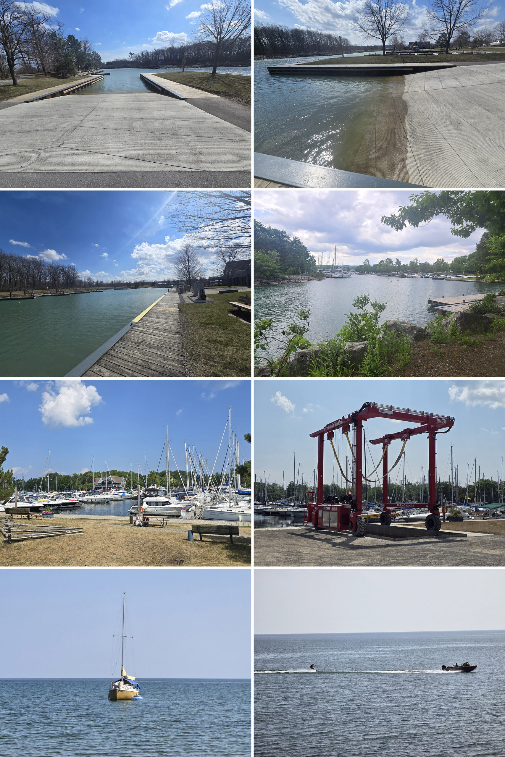 8 part image showing the boat launch at Fifty Point Conservation Area, along with various views of Fifty Point Marina.