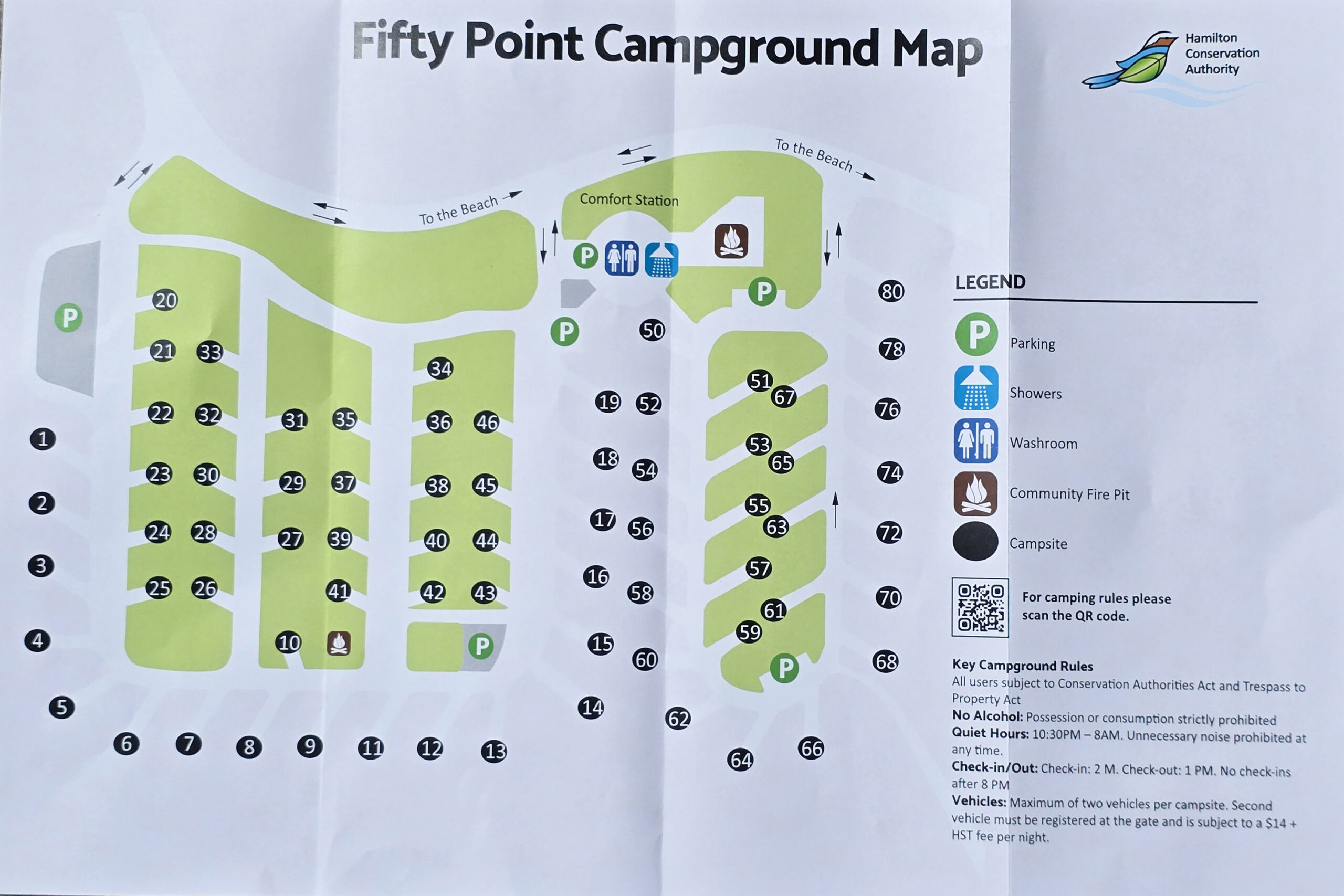 A map of the Fifty Point Conservation Area campground.