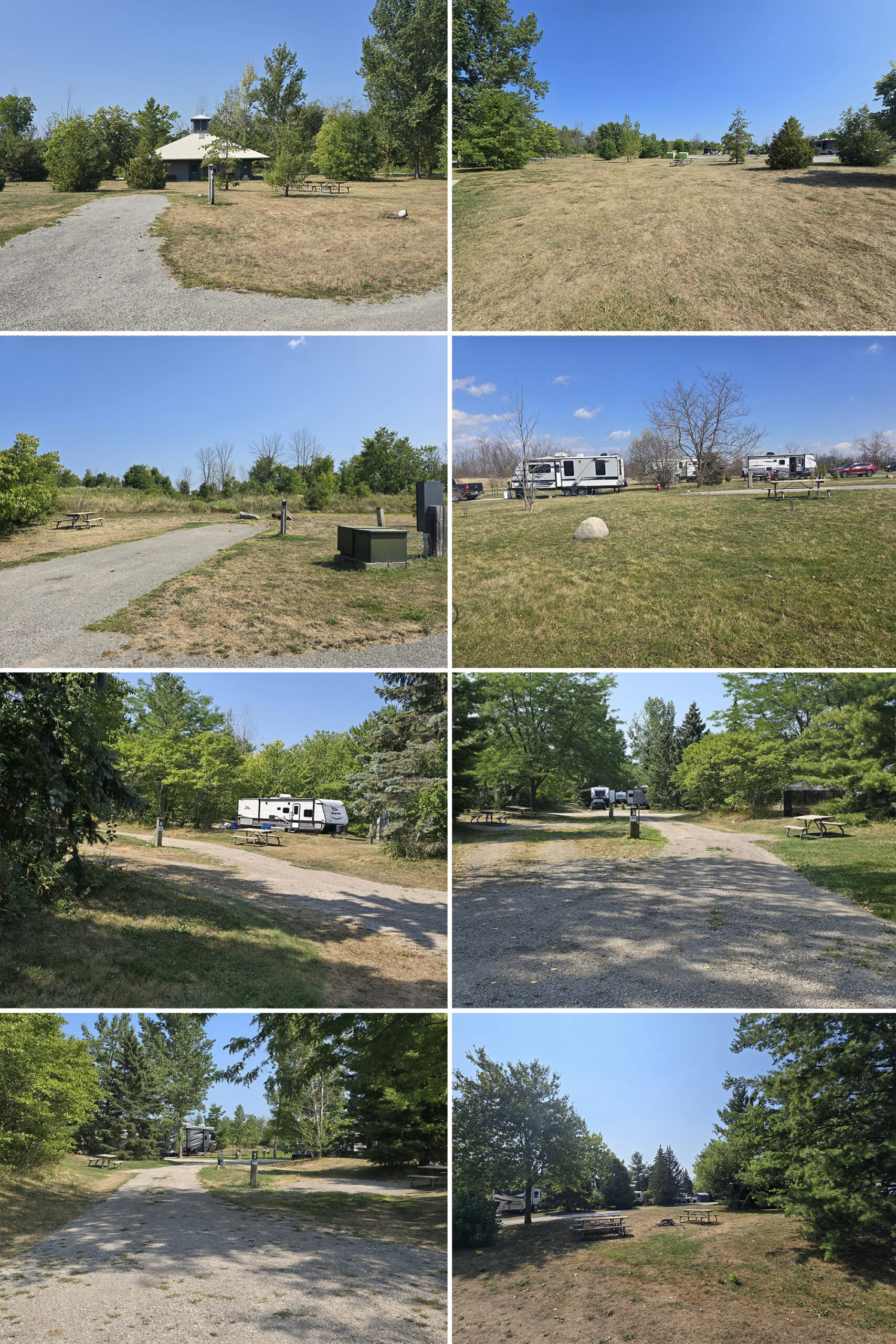 8 part image showing various campsites in the Fifty Point Conservation Area campground.