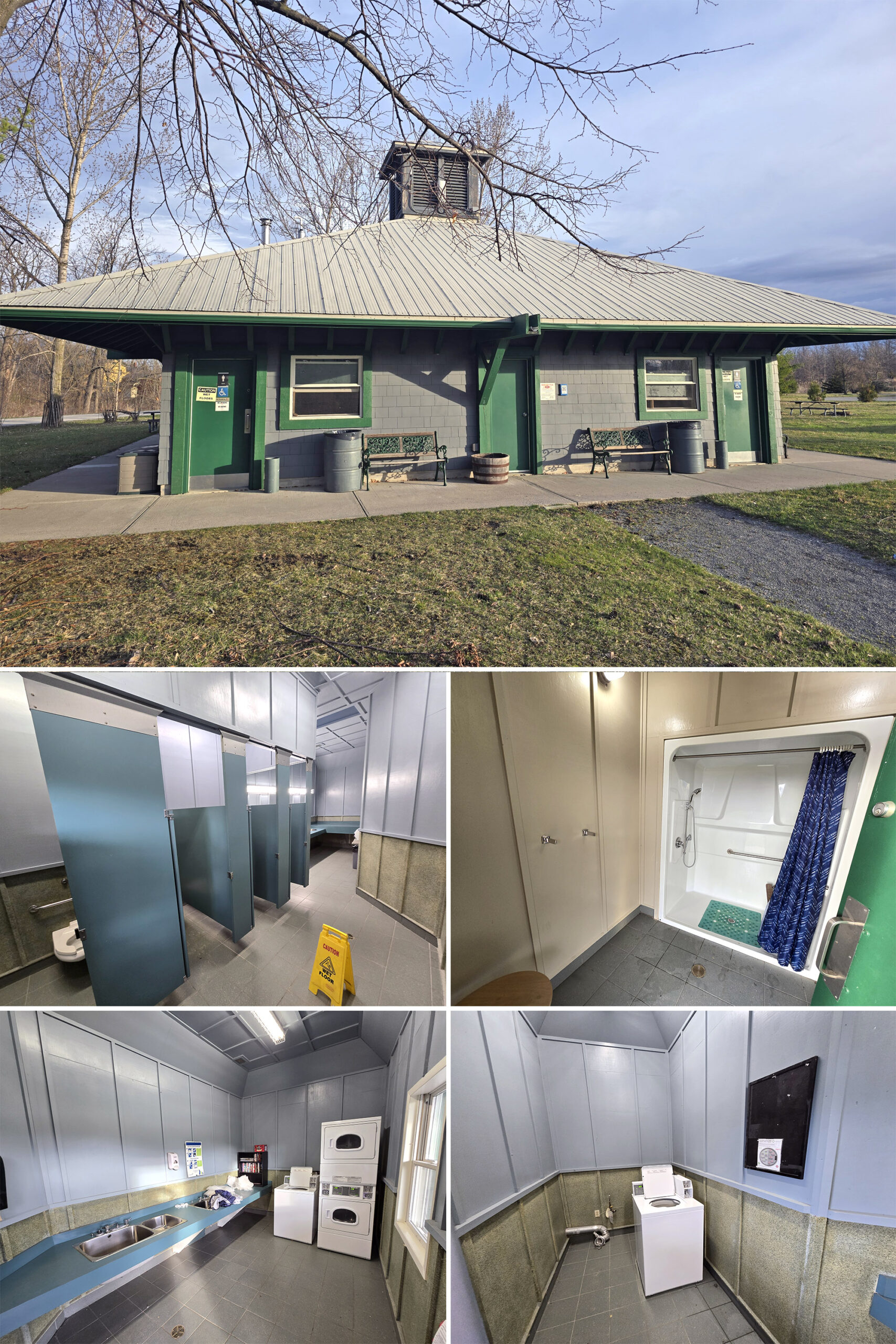 5 part image showing the Fifty Point Conservation Area comfort station, along with the washrooms, shower, and laundry facilities.
