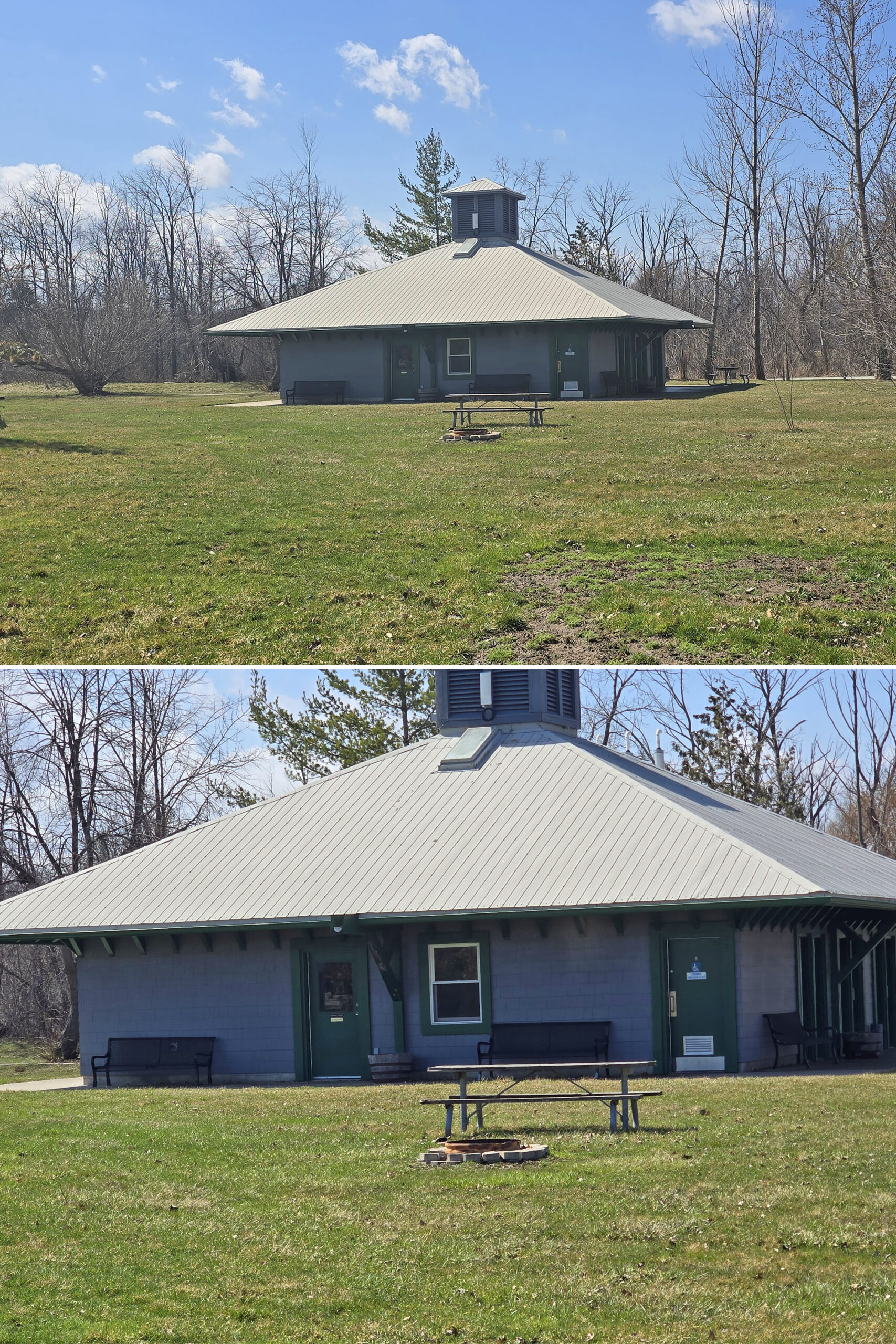 2 part image showing a fire pit in front of a comfort station at Fifty Point Conservation Area.
