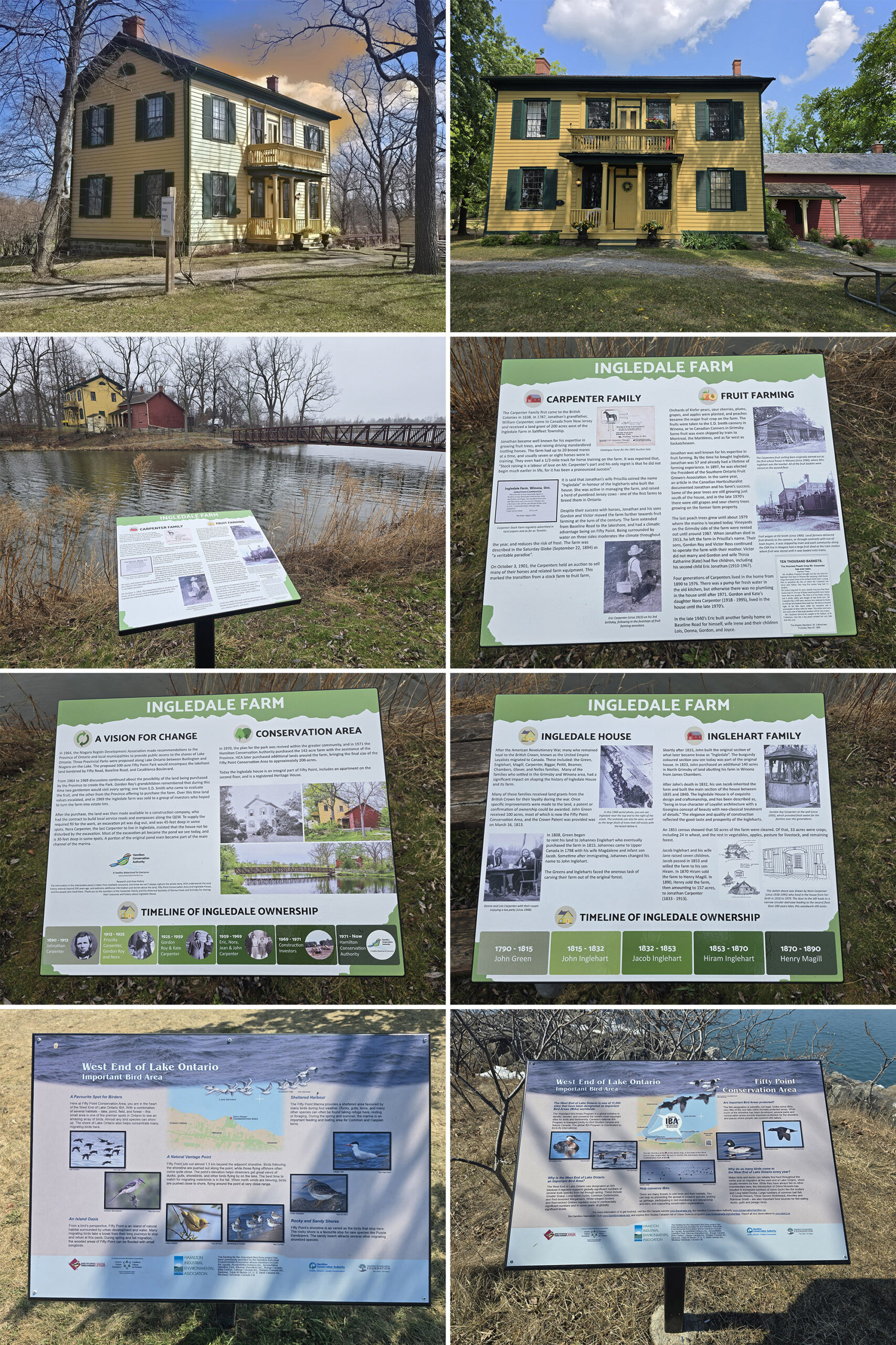 8 part image showing the Ingledale House and 6 educational sign boards at Fifty Point Conservation Area.