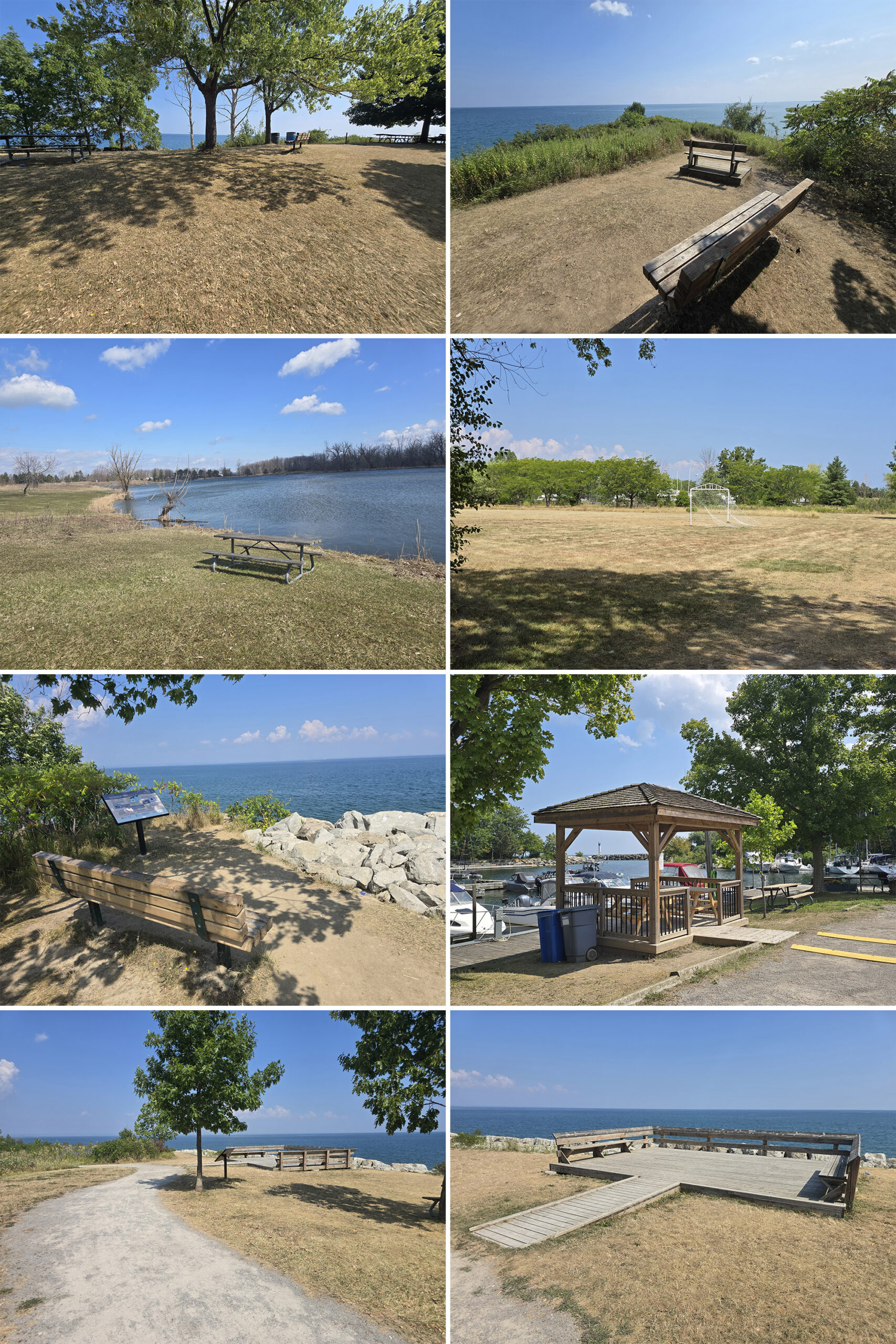 8 part image showing various individual picnic areas at Fifty Point Conservation Area.