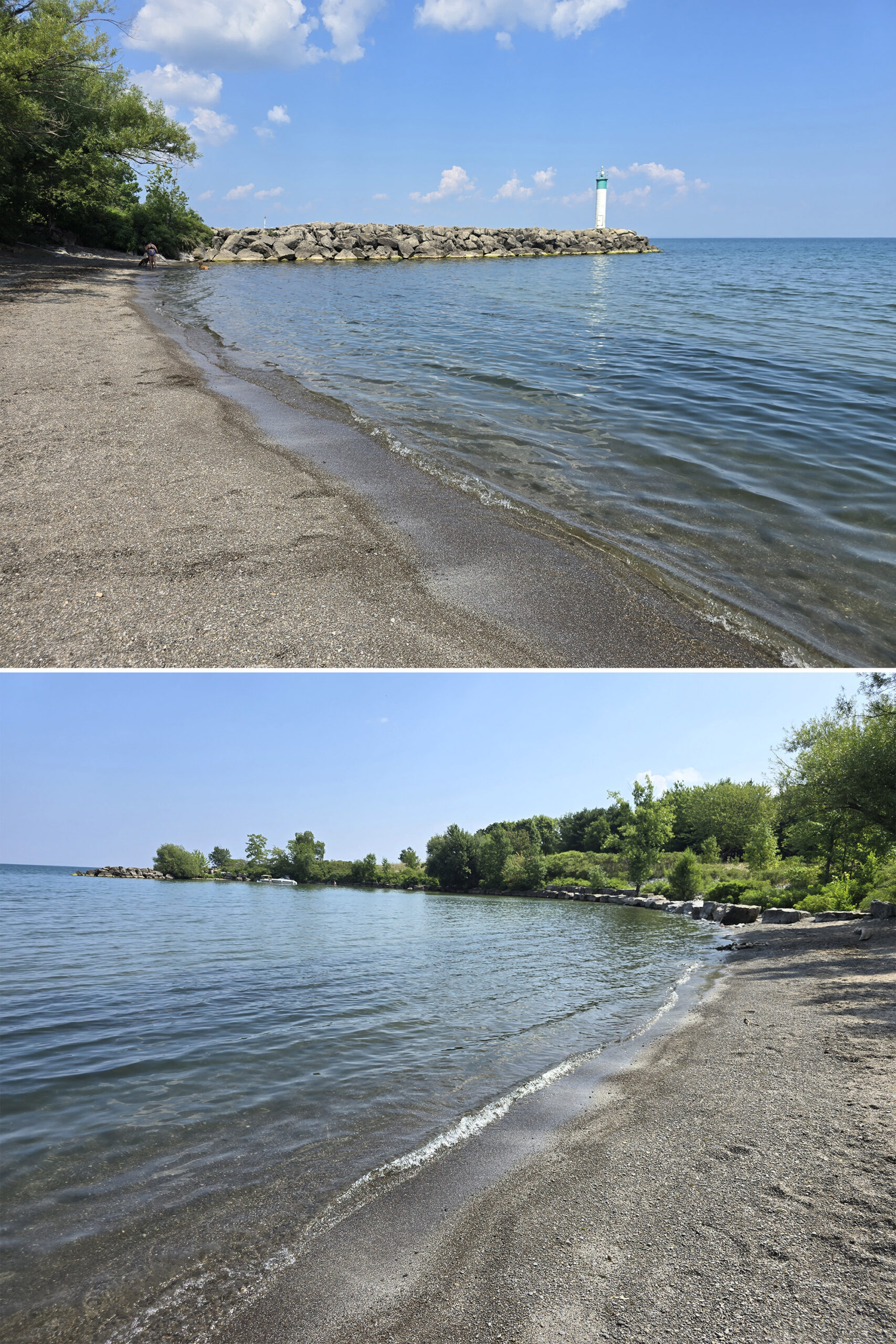 2 part image showing the multi-use beach at Fifty Point Conservation Area.