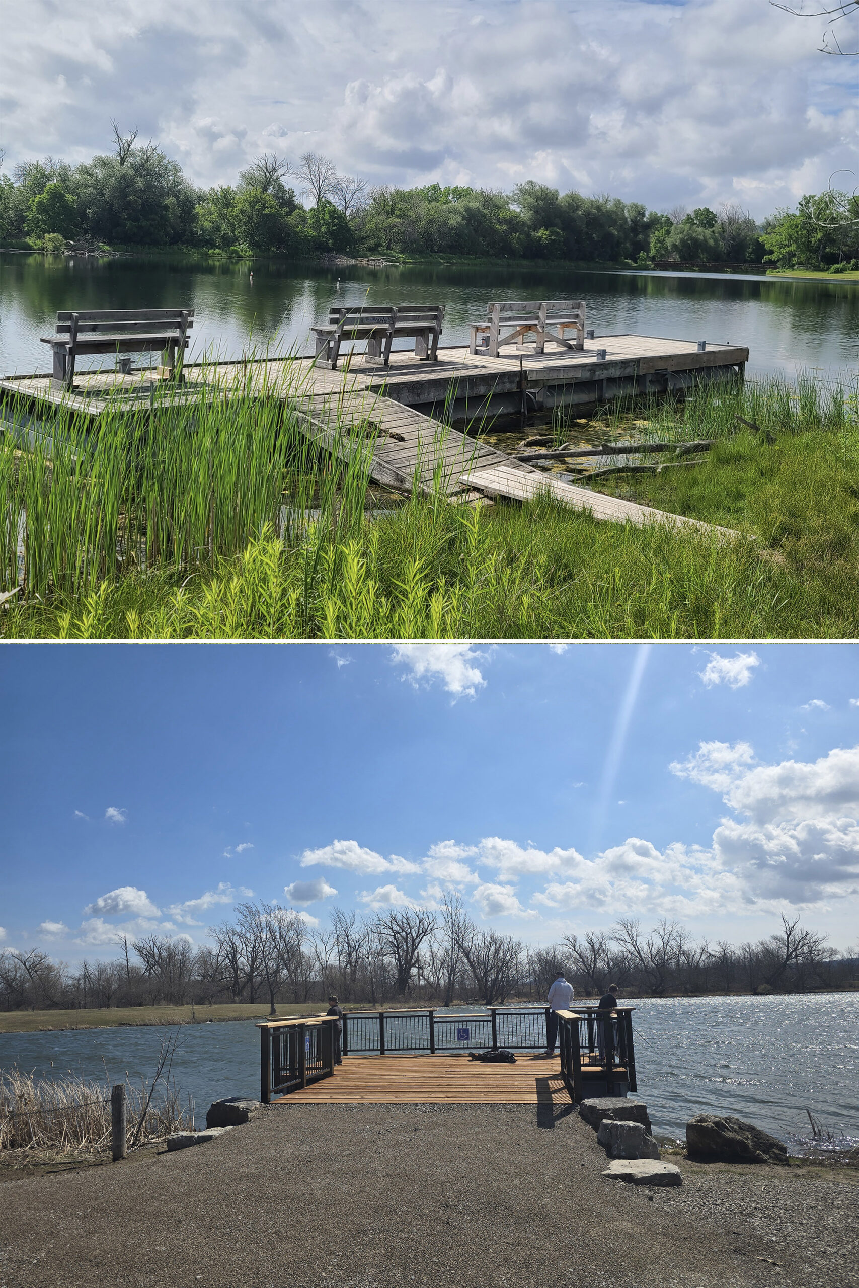 2 part image showing the two fishing platforms at Fifty Point Conservation Area.