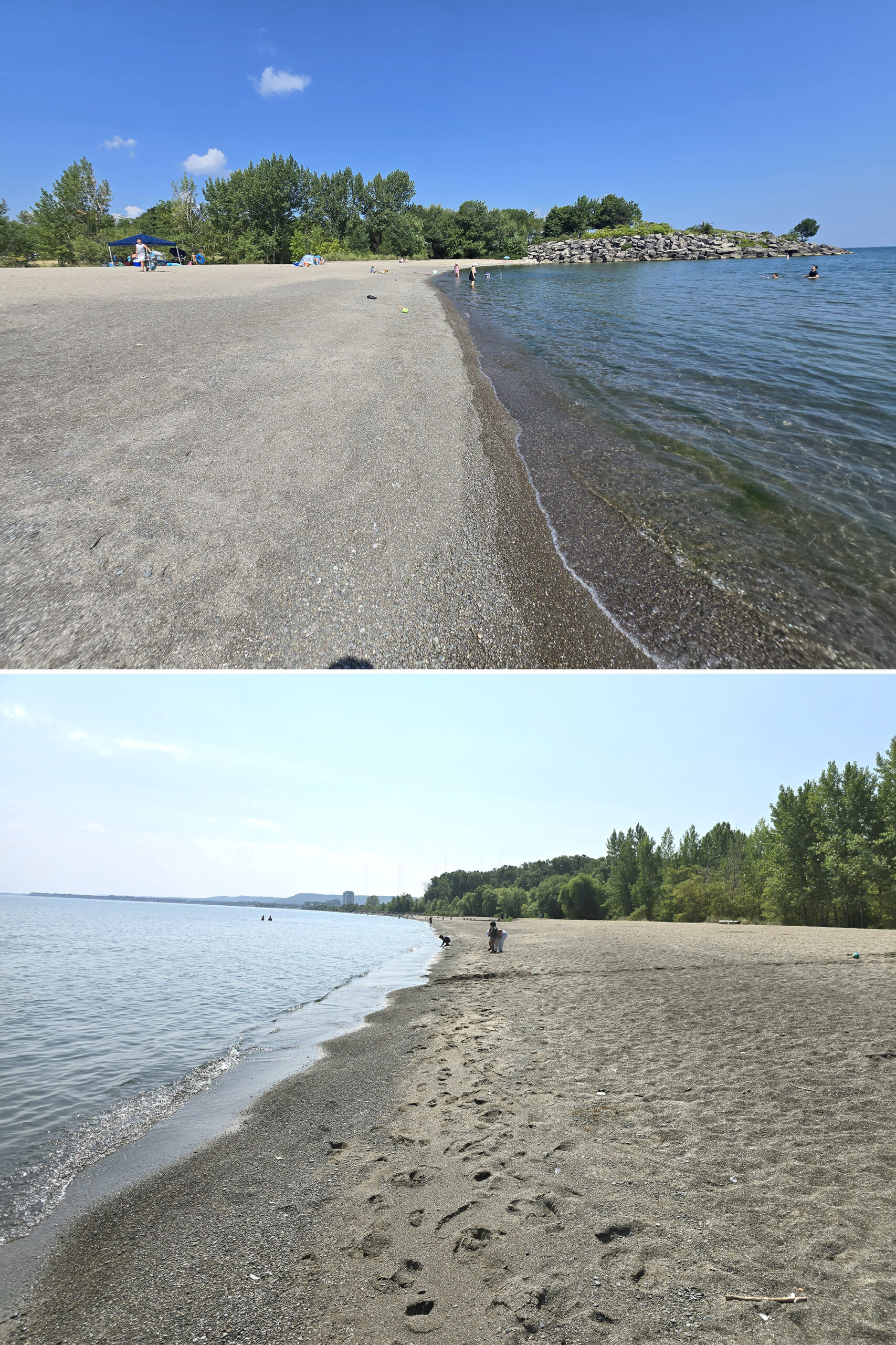 2 part image showing the main beach at Fifty Point Conservation Area.