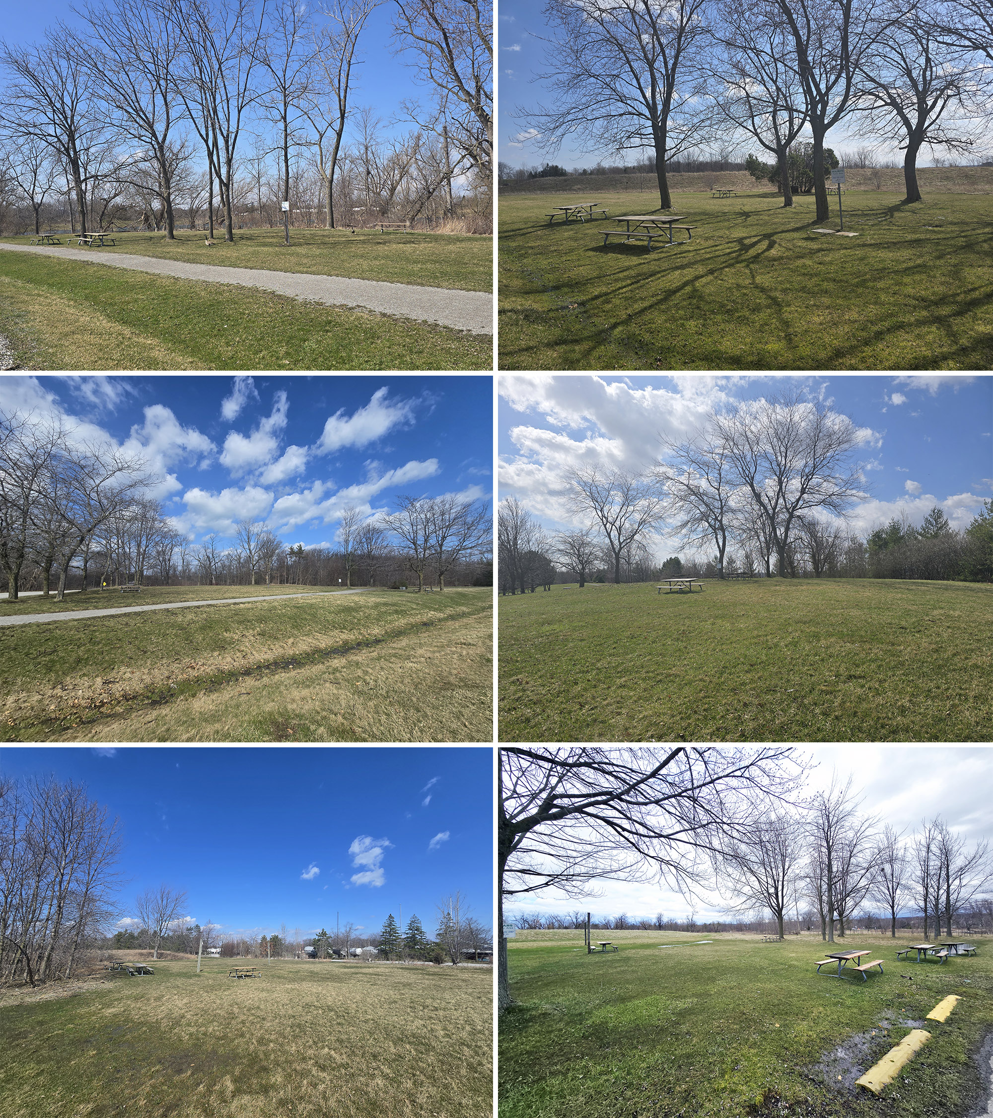 6 part image showing the various reservable picnic areas at Fifty Point Conservation Area.