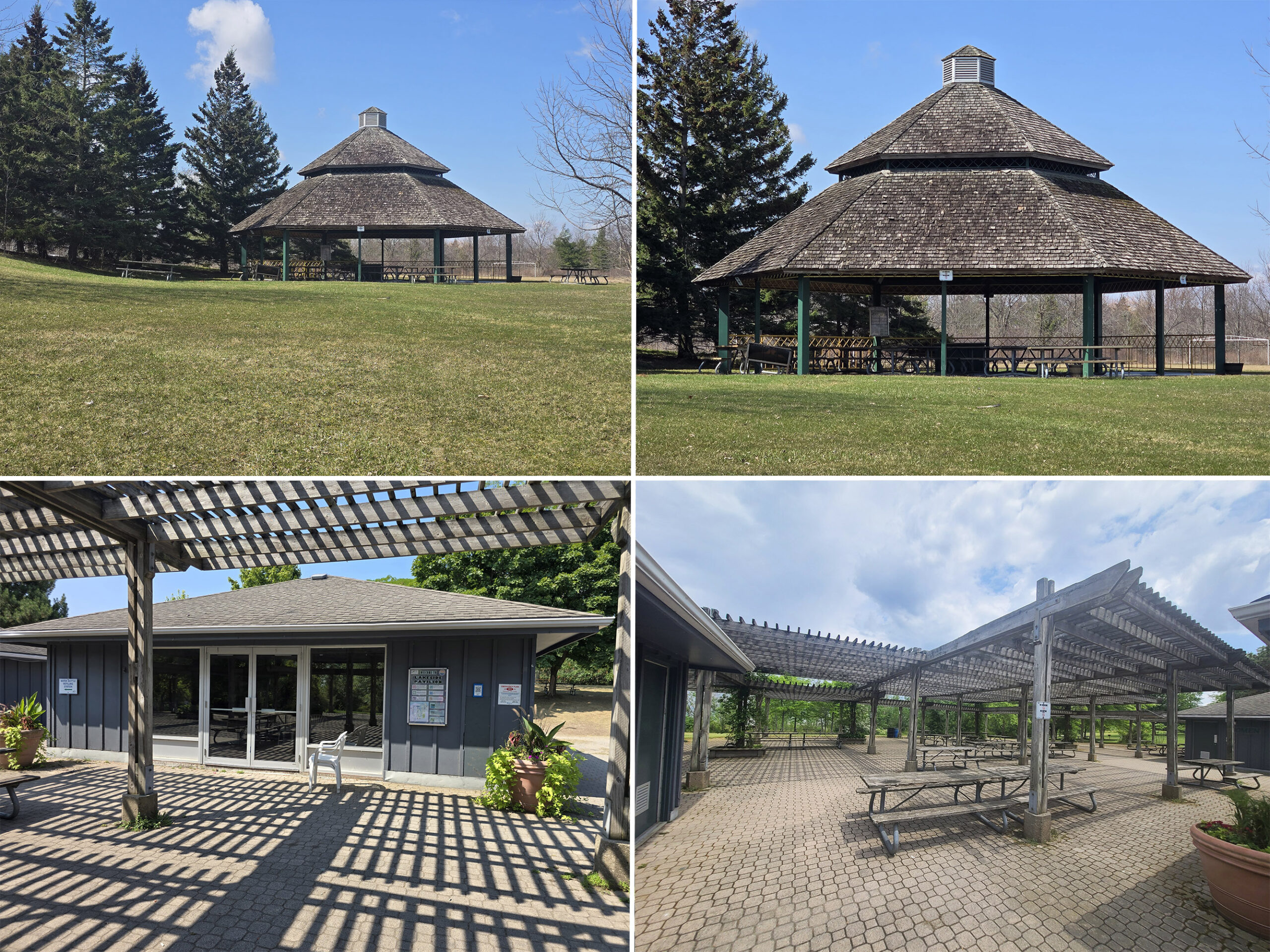 4 part image showing the picnic shelters at Fifty Point Conservation Area.