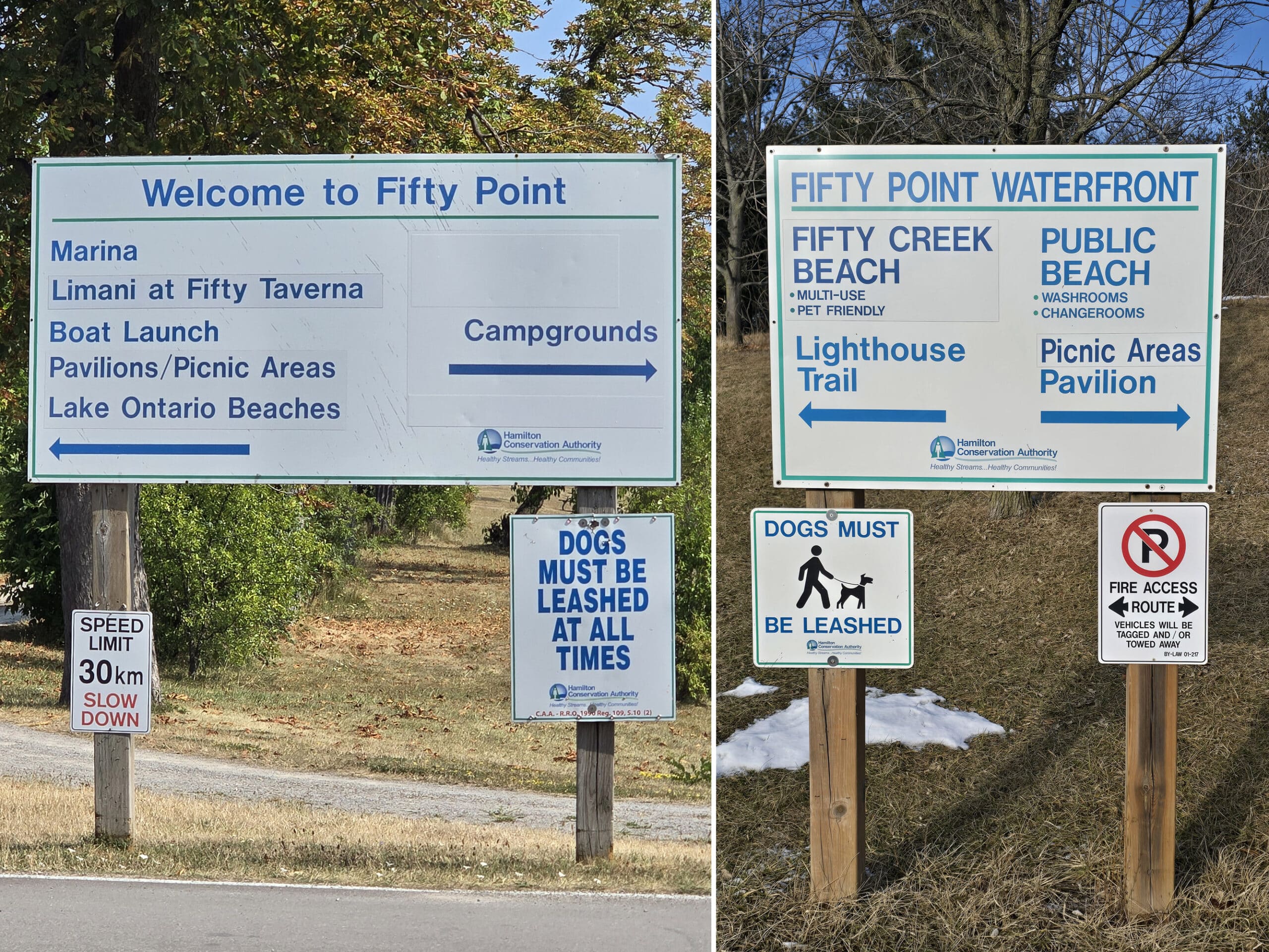 2 examples of directional signage at Fifty Point Conservation Area.