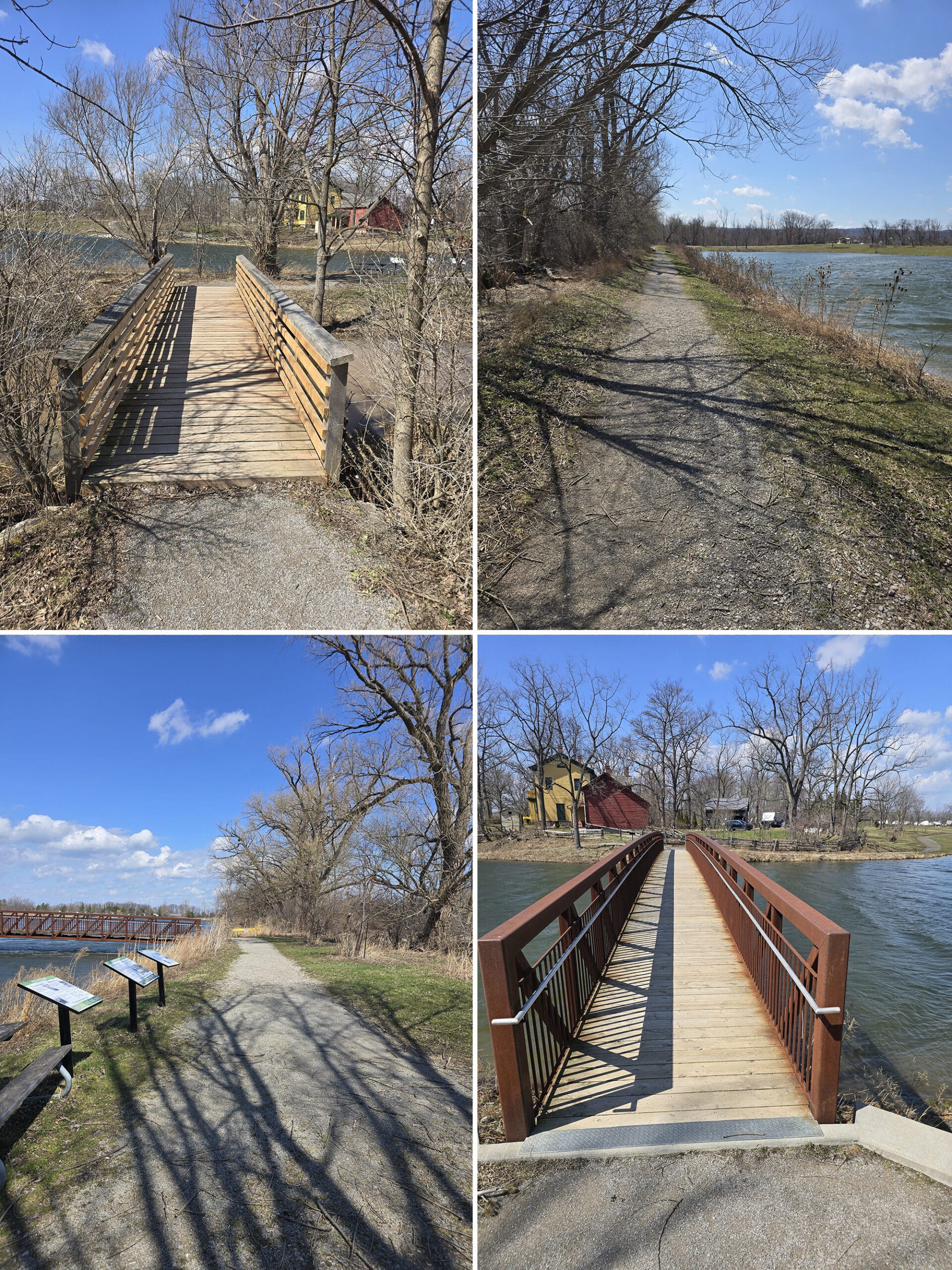 4 part image showing various views along the walking trails at Fifty Point Conservation Area.