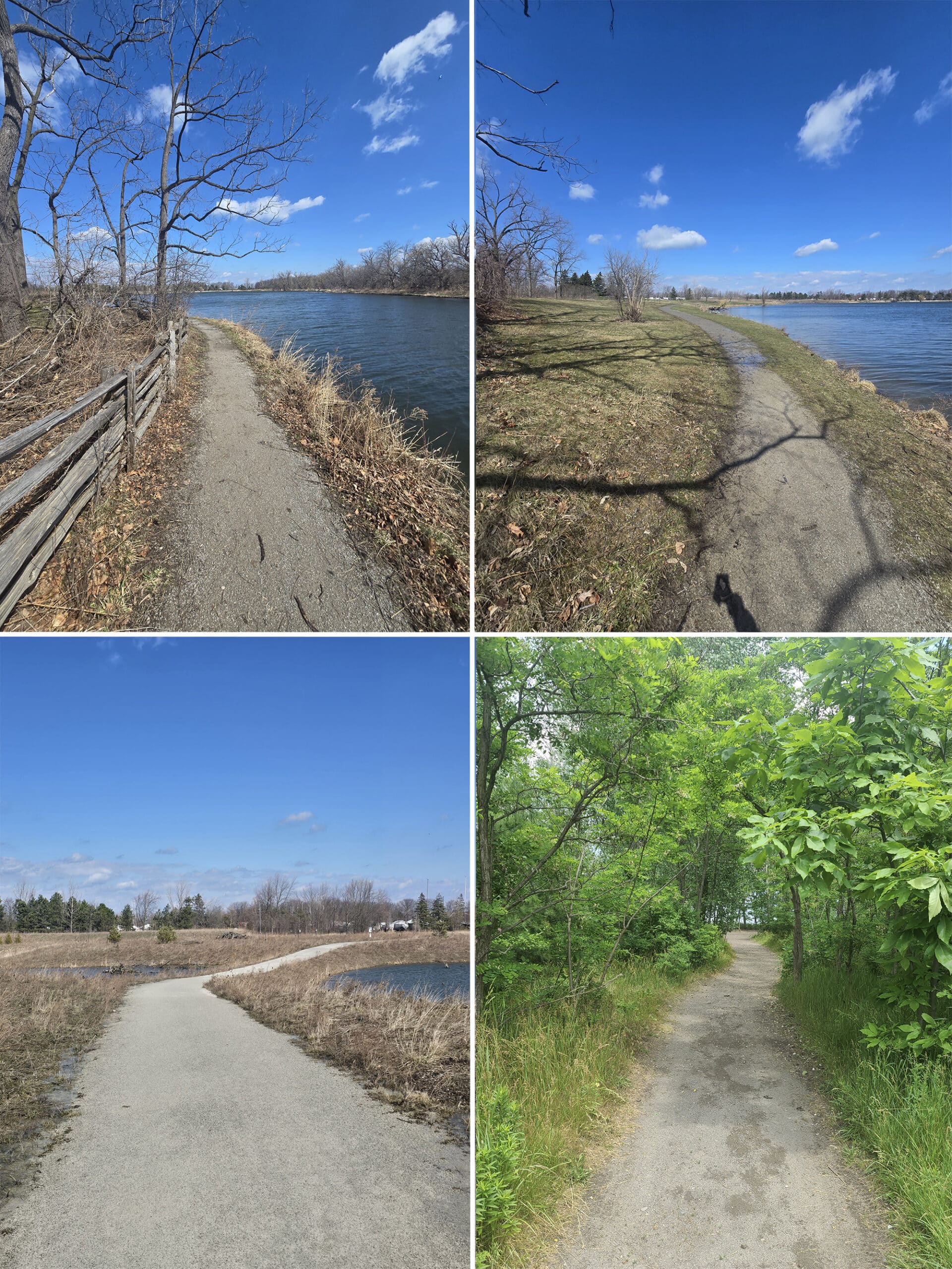 4 part image showing various views along the walking trails at Fifty Point Conservation Area.