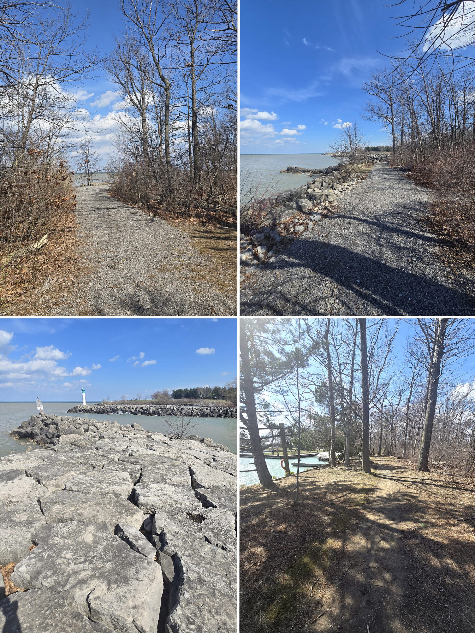 4 part image showing various views along the walking trails at Fifty Point Conservation Area.