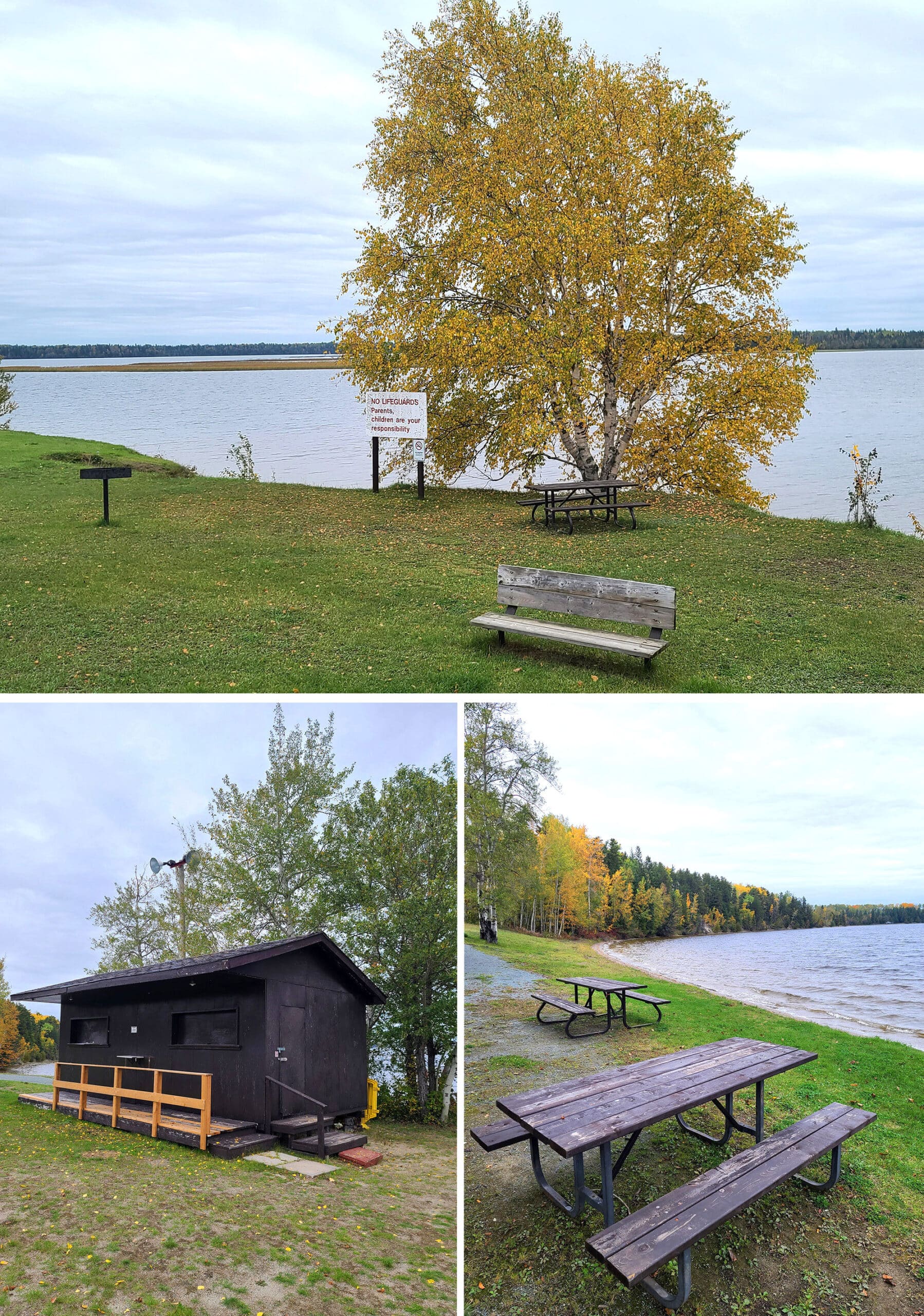 3 part image showing the picnic and day use area at MacLeod provincial park, including a small, run down building.