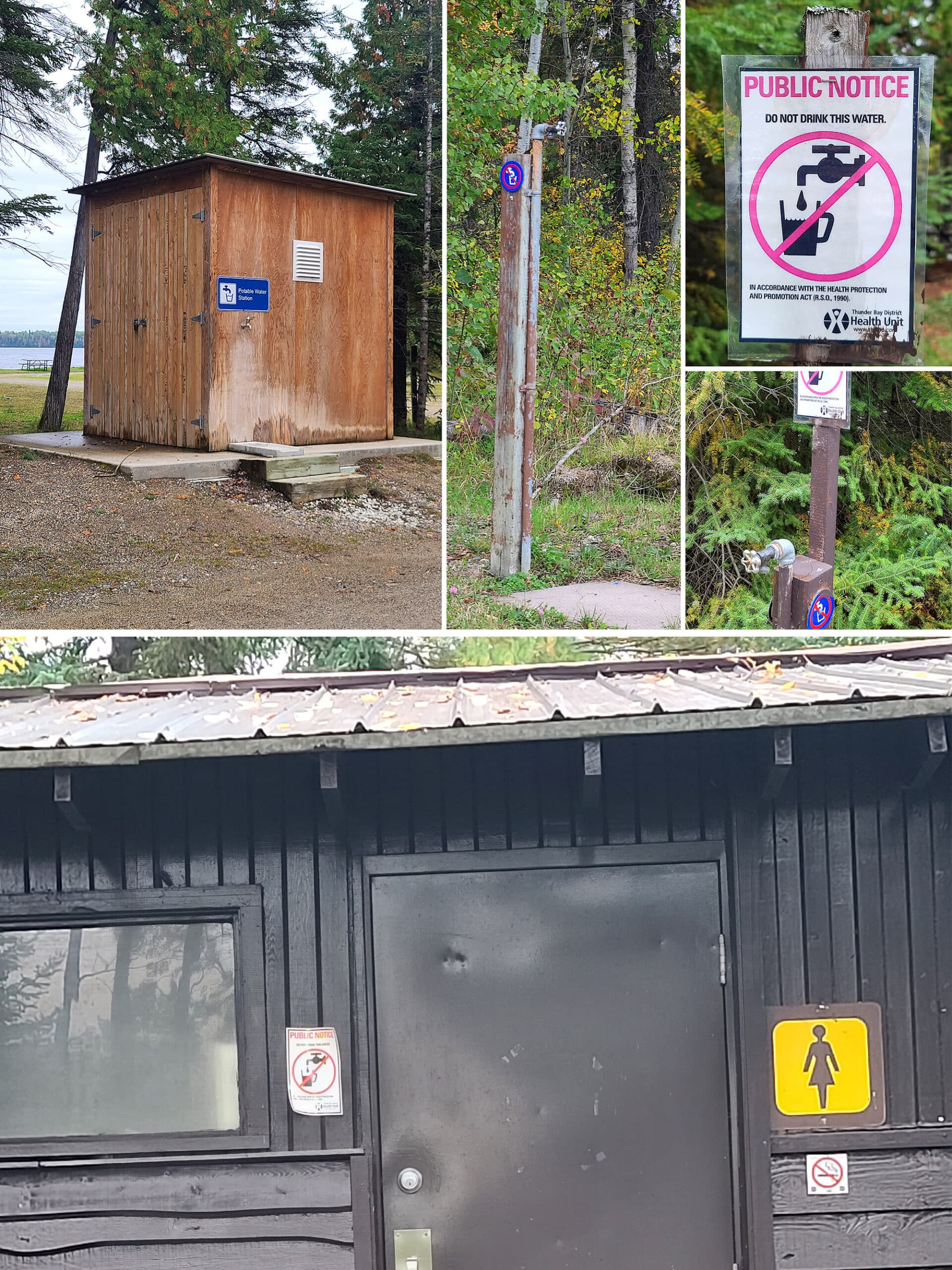 A 4 part image showing a potable water station, and several taps with signs saying not to drink the water.