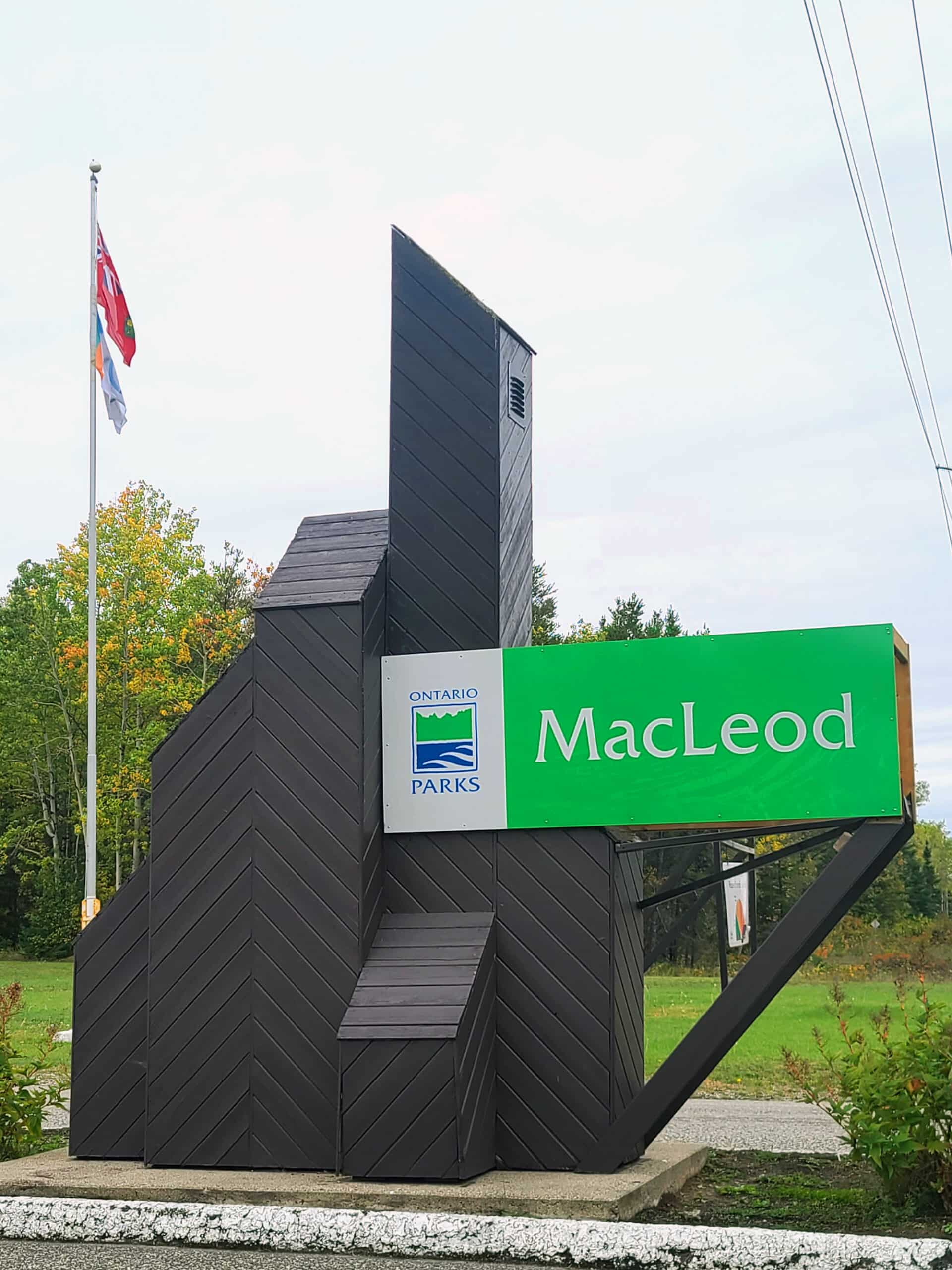 The MacLeod Provincial Park sign at the entry to the park.