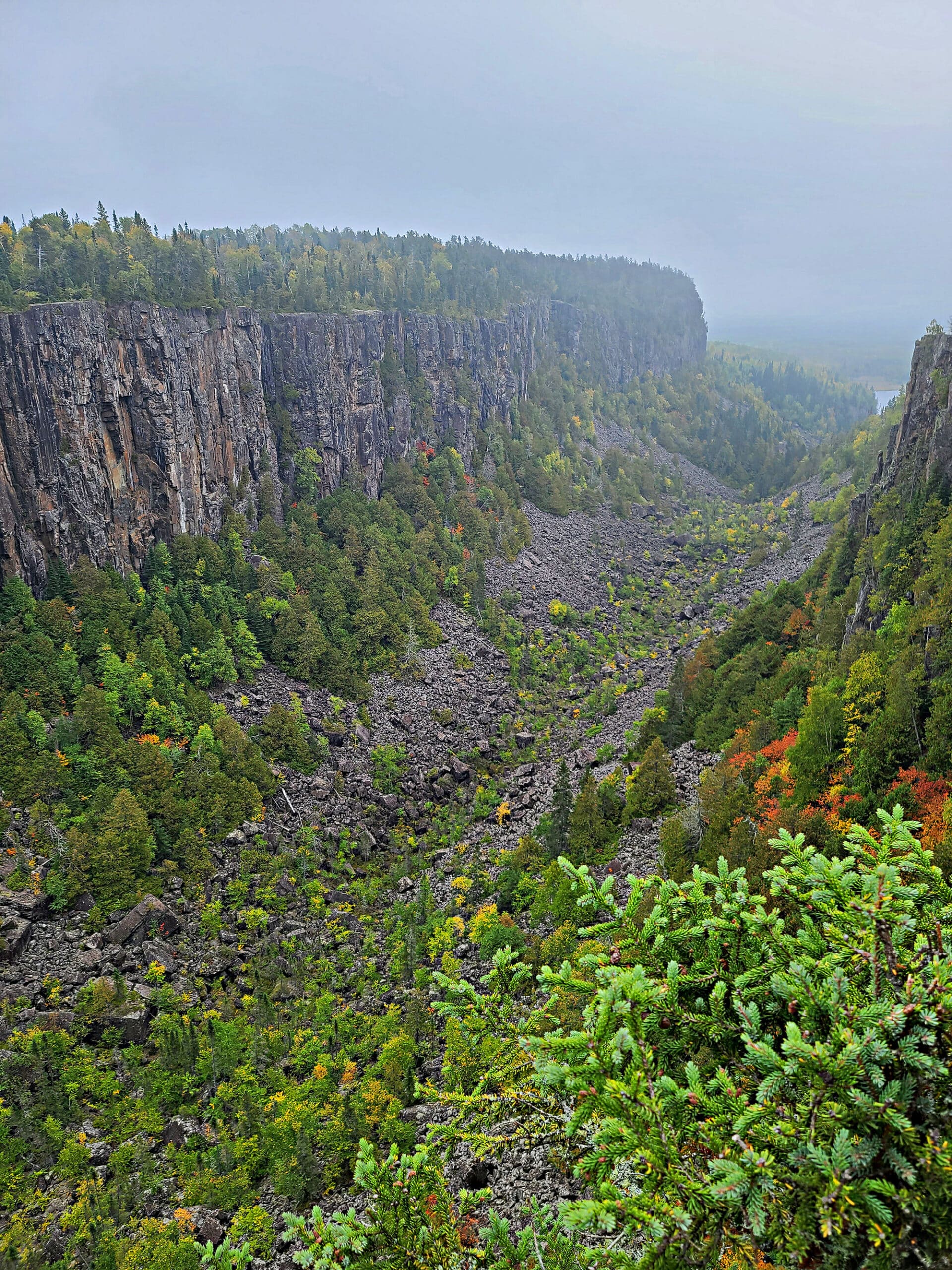 A view of Ouimet Canyon on a foggy day.