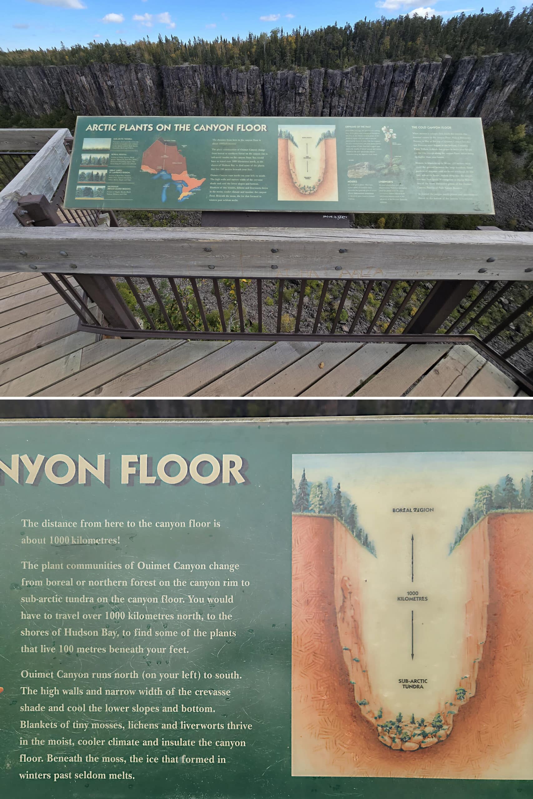 Educational signage about ouimet canyon, that claims in two places that the canyon is 1000 km deep.