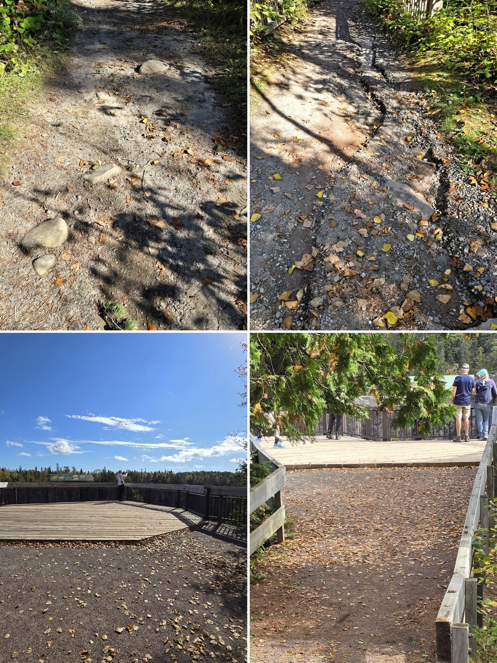 4 part image showing signficant trail damage, and two viewing platforms that are raised several inches above the trail.