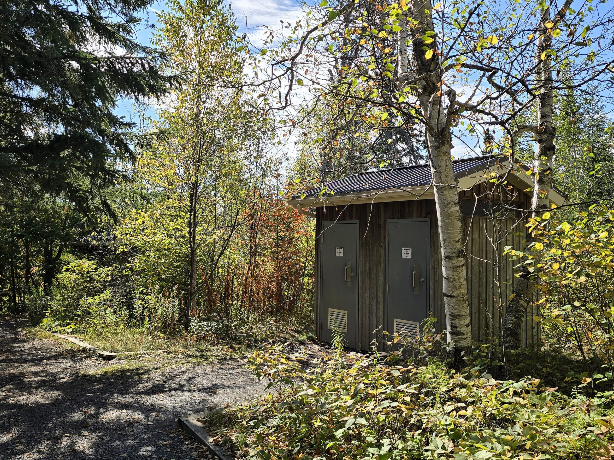 An outhouse in the woods.