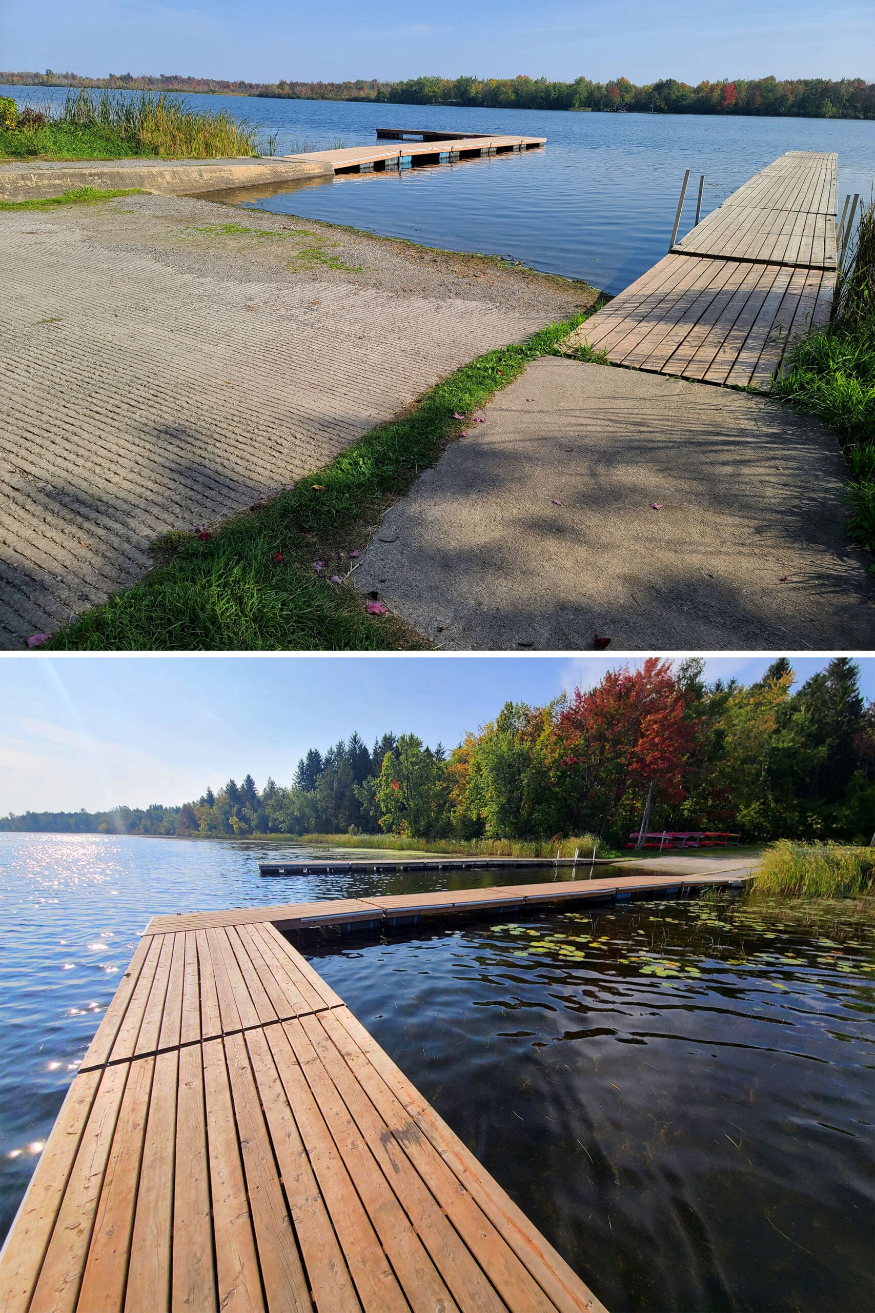 2 part image showing the boat launch at rideau river provincial park