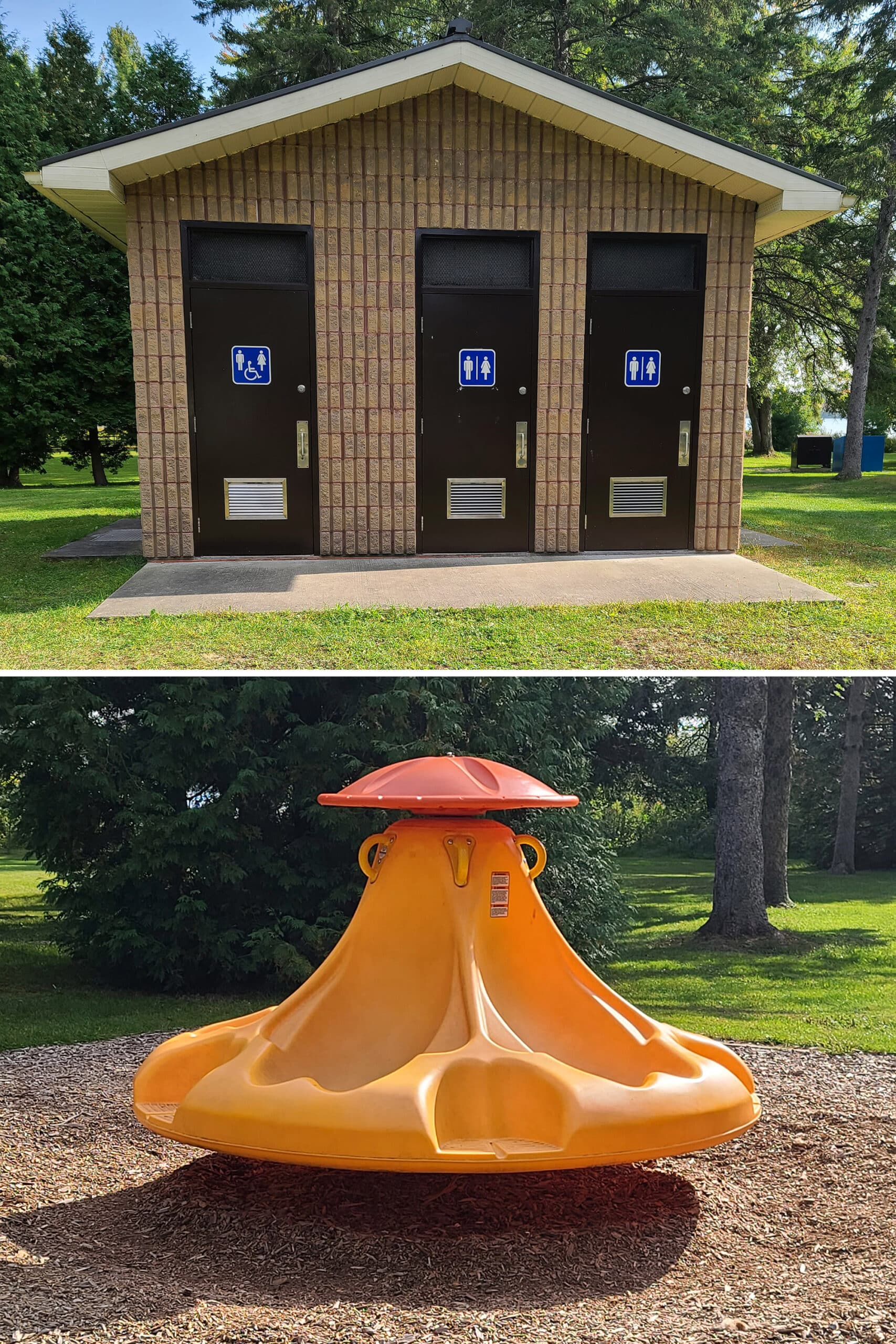 2 part image showing a small changeroom building, and a single piece of plastic playground equipment.