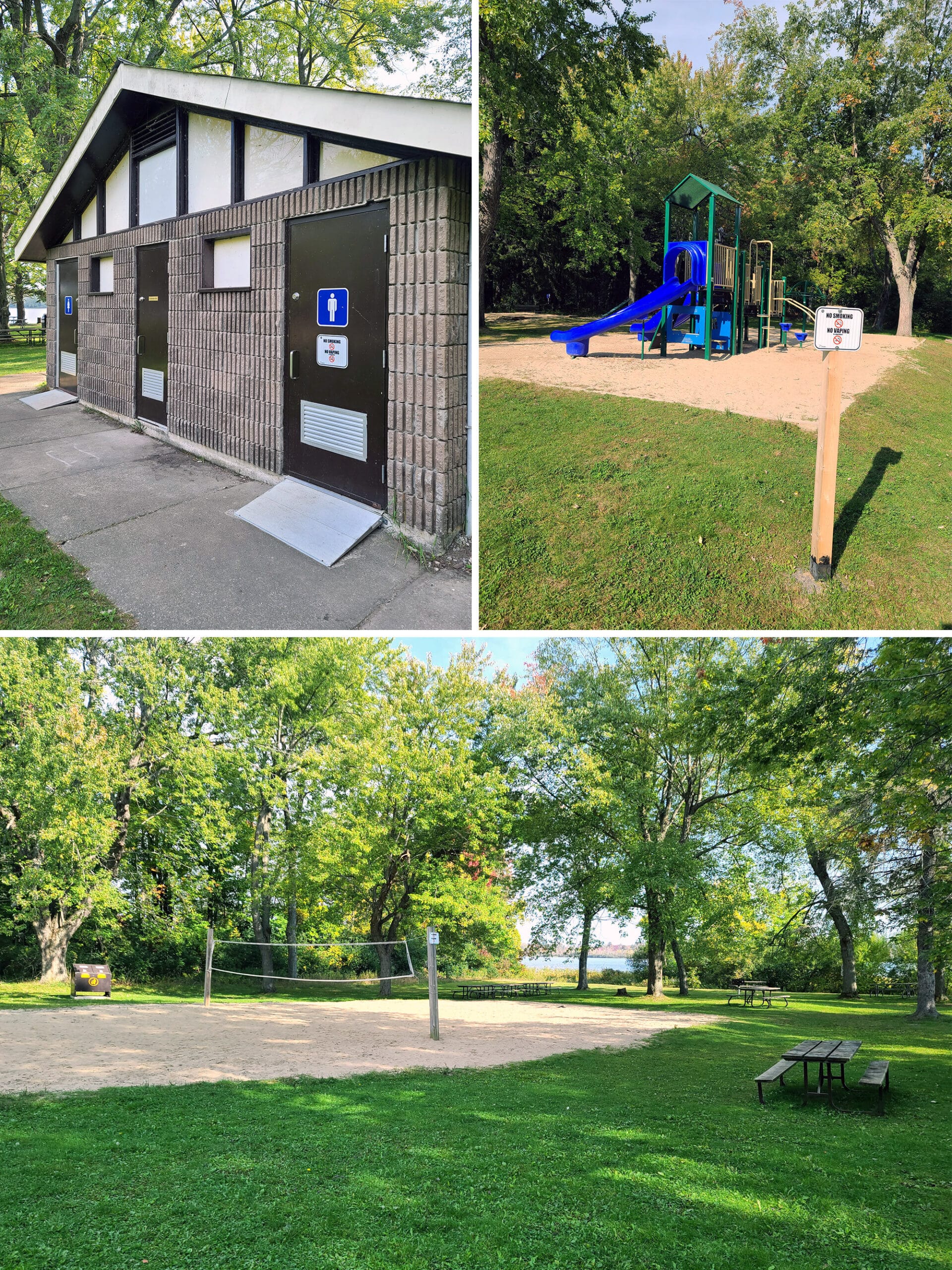 3 part image showing a limited comfort station, play ground, and volleyball net.