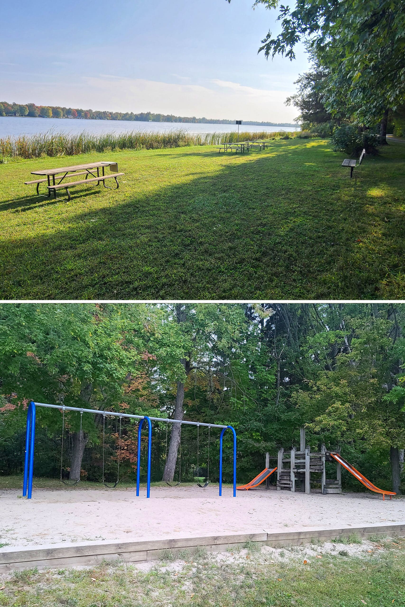 2 part image showing an open grassy area with picnic tables overlooking the rideau river, and a playground.
