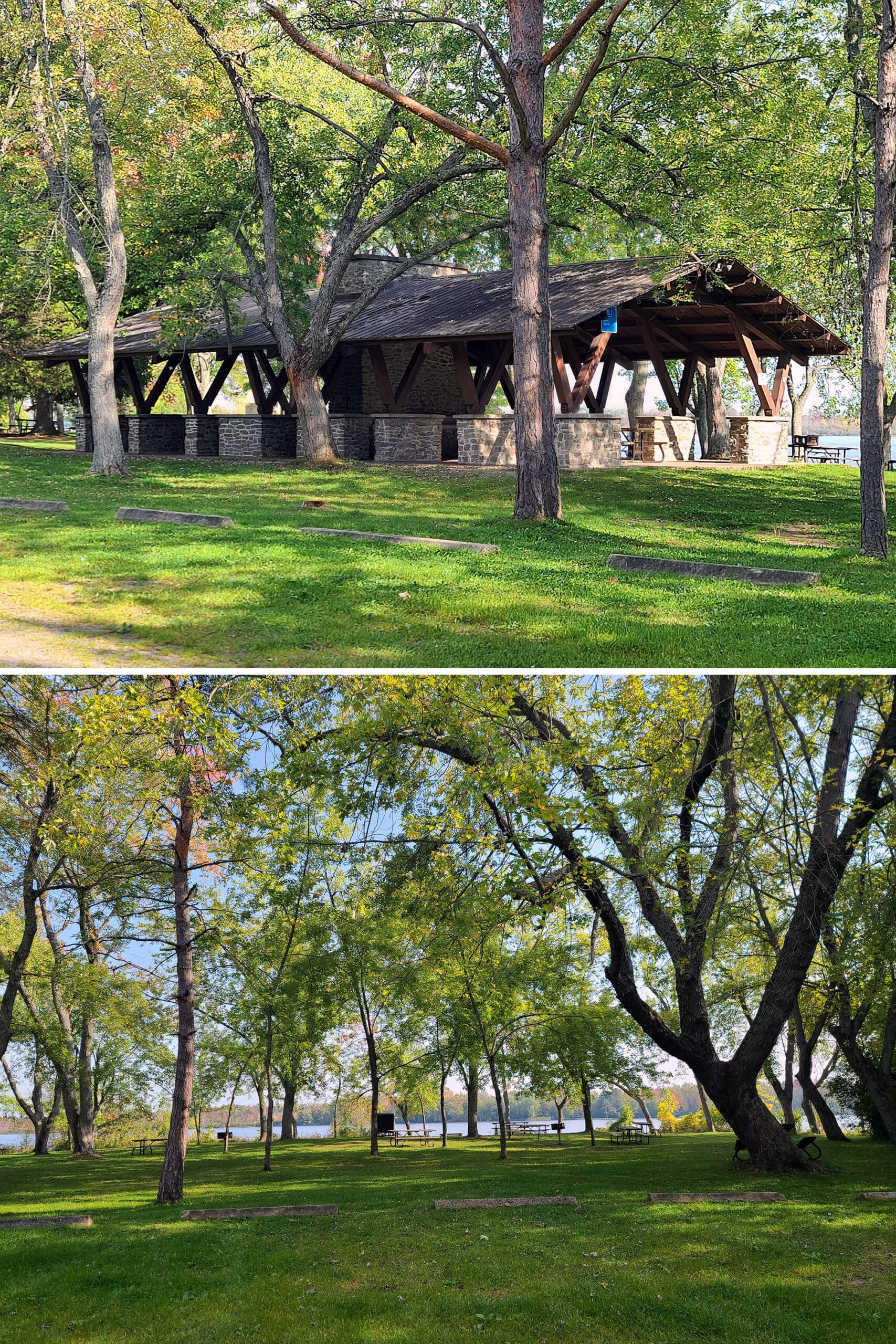 2 part image showing a covered picnic shelter, and various picnic tables on a grassy area.