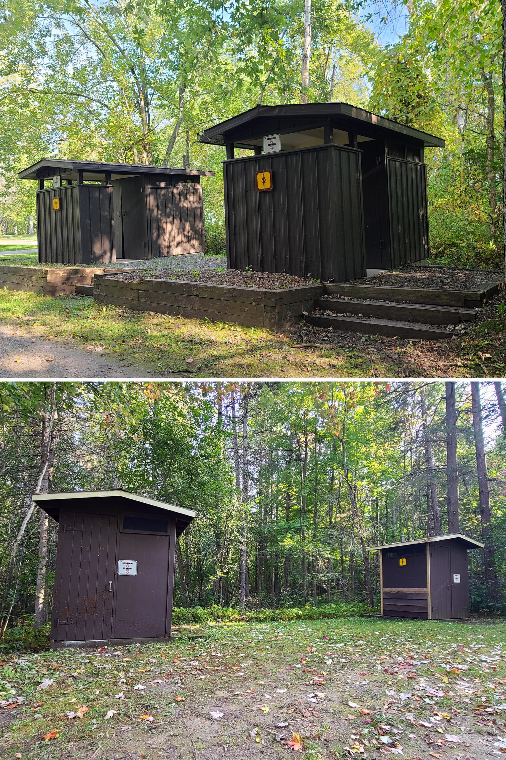 2 part image showing 2 different sets of wooden outhouses in the park.