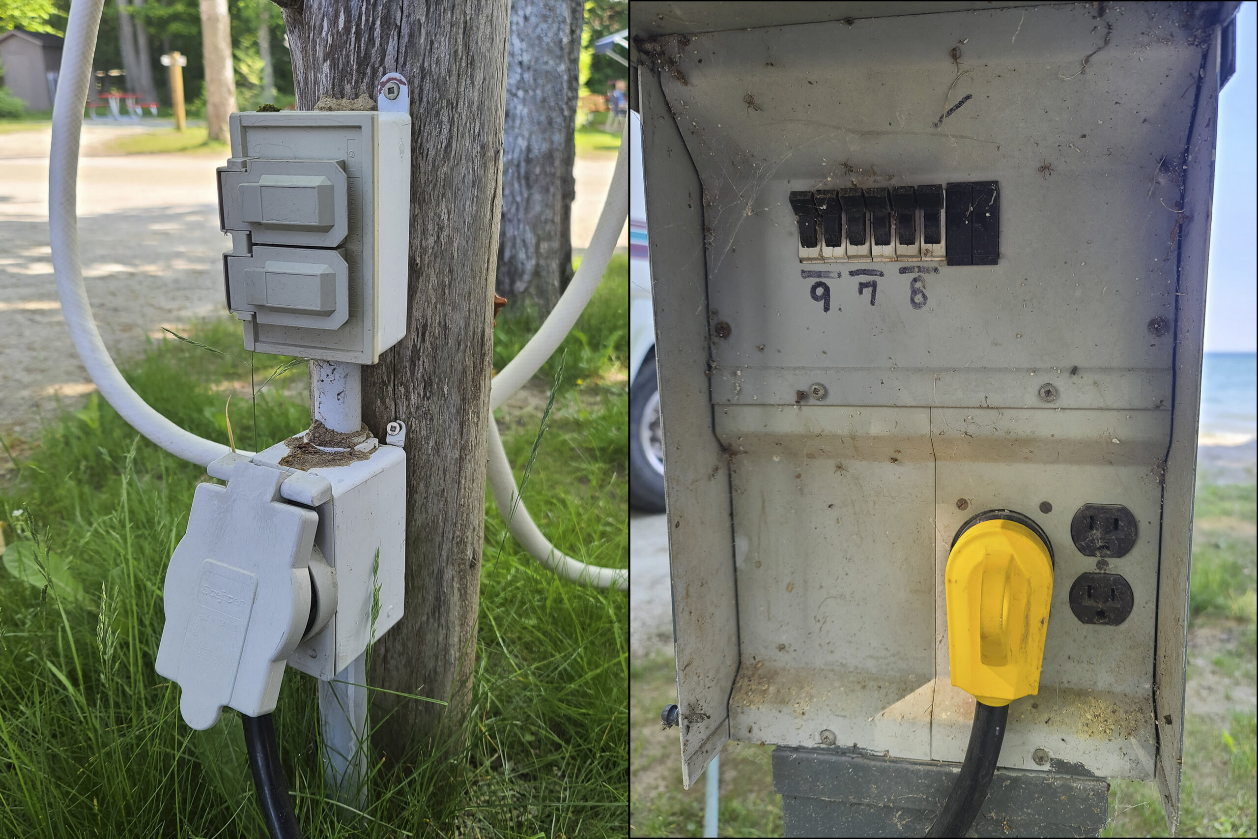 On the left, an RV plug at a campground. On the right, a combined RV plug and electrical panel.