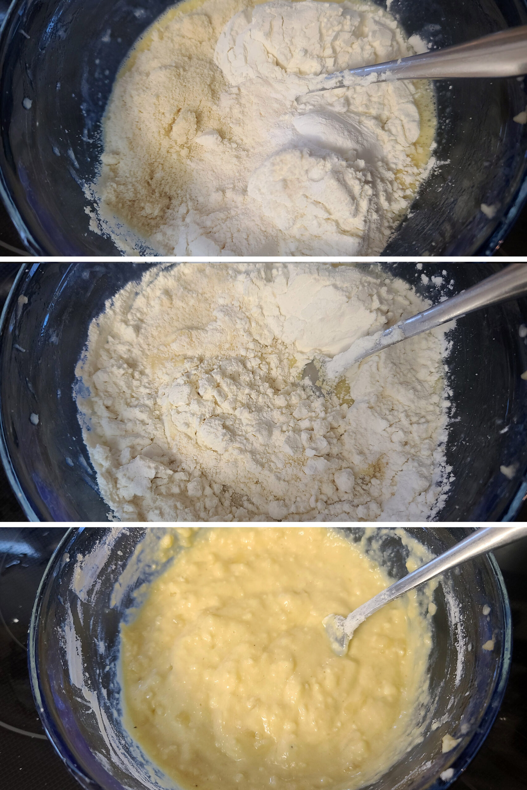 A 3 part image showing the dry ingredients being added to the wet and mixed in.