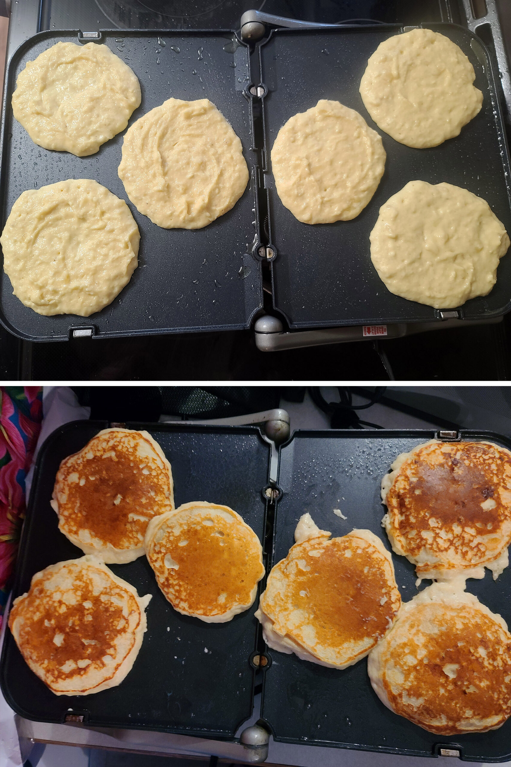 A 2 part image showing banana protein pancakes cooking on a griddle, before and after the first flip.
