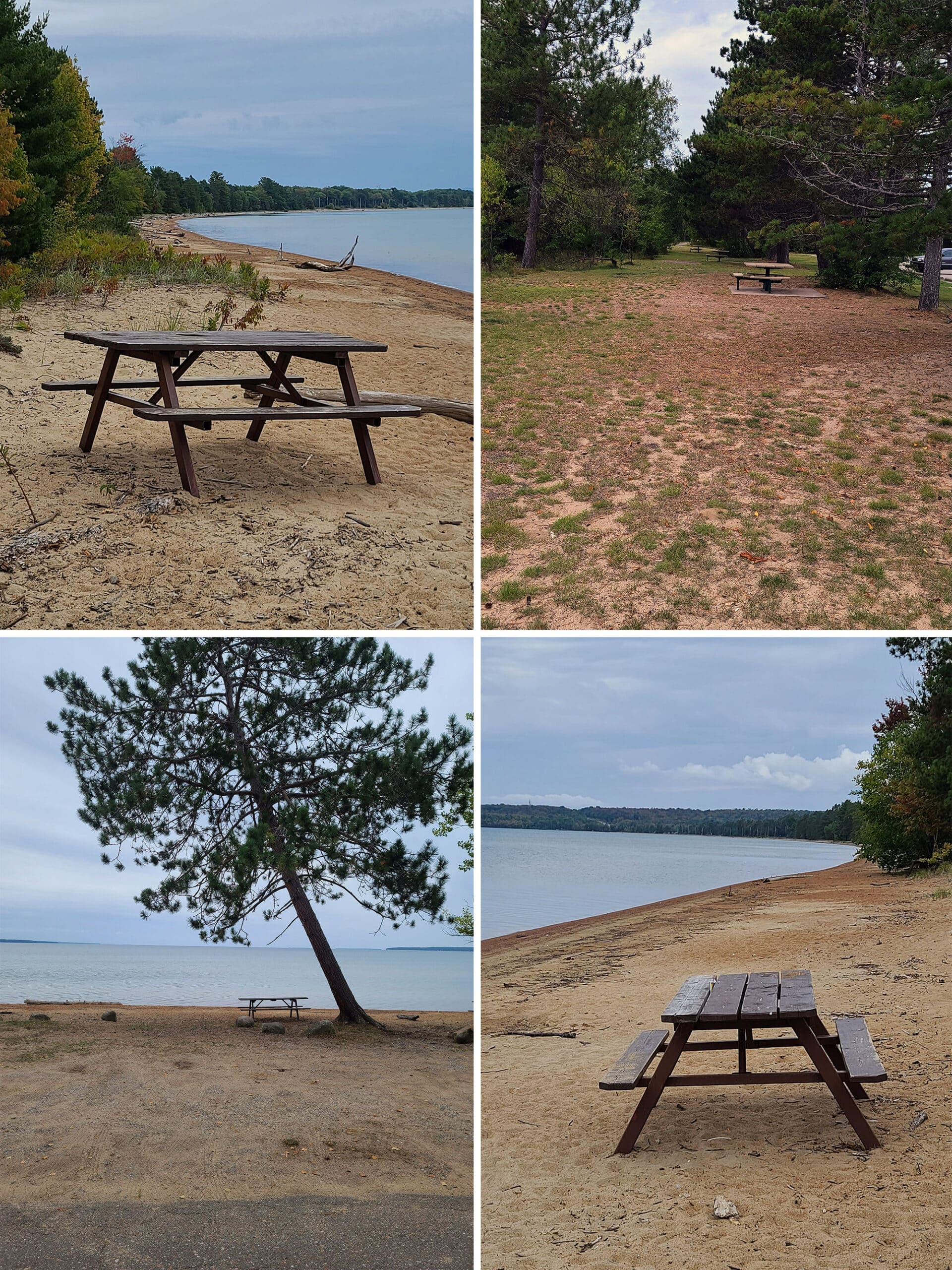 4 part image showing various views of picnic tables at Batchawana Bay.  Most are on the beach.