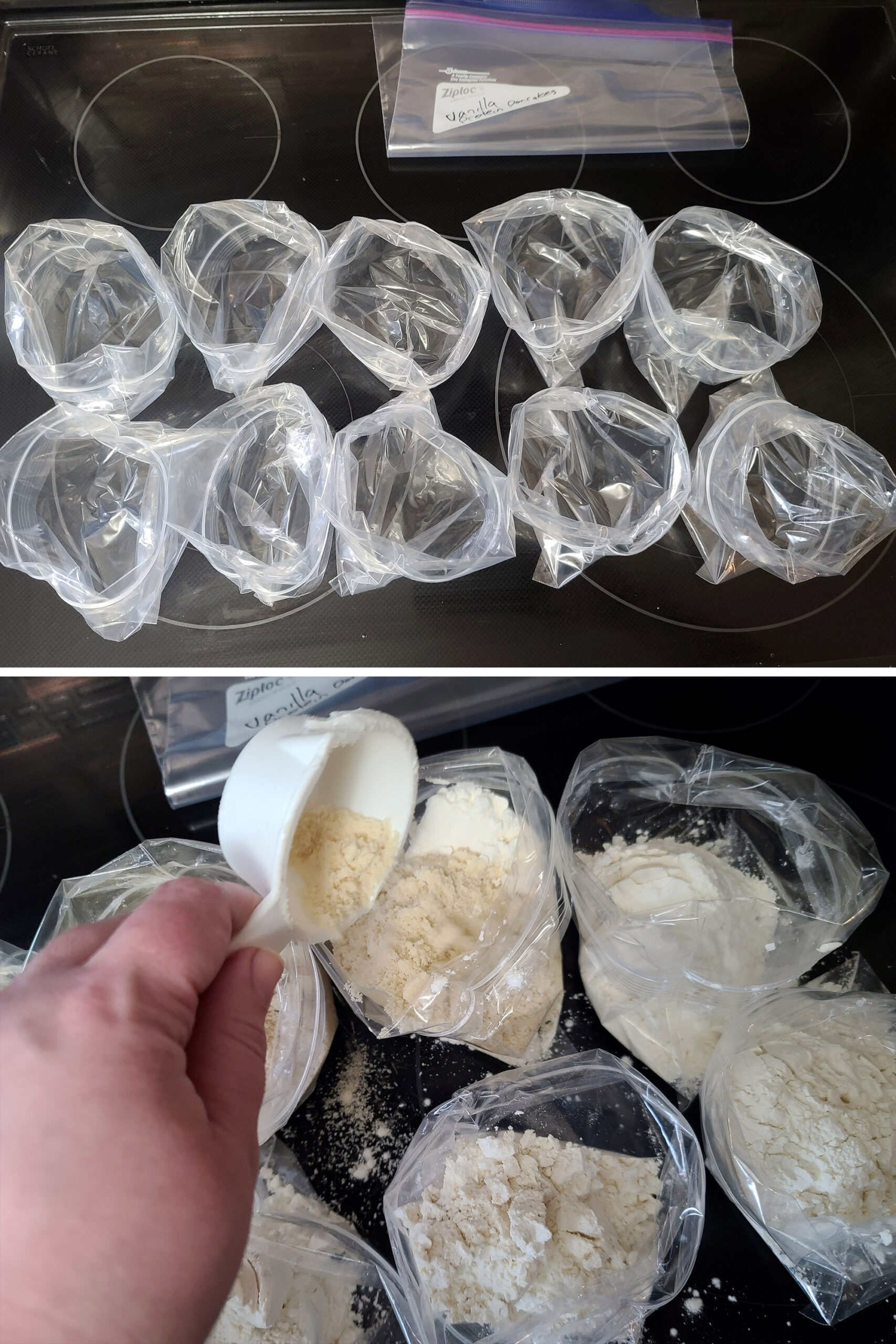 10 baggies, opened up on a stove top, with almond flour being measured into each.