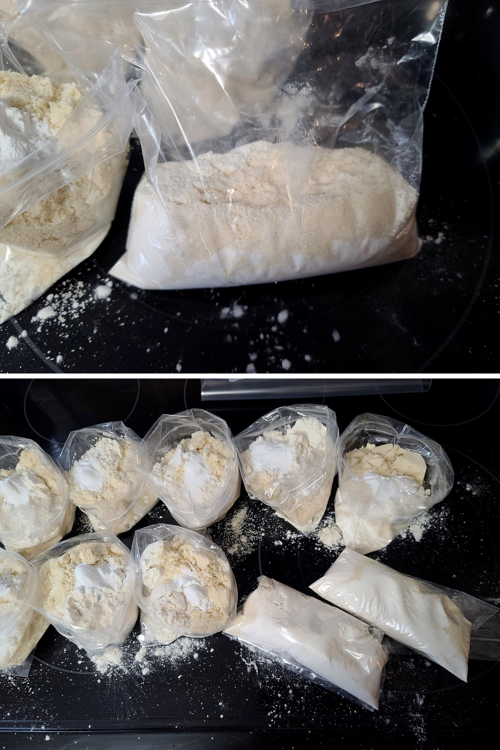 2 part image showing a bag of pancake mix being mixed, and a couple sealed bags of camping pancake mix sealed and ready to go.