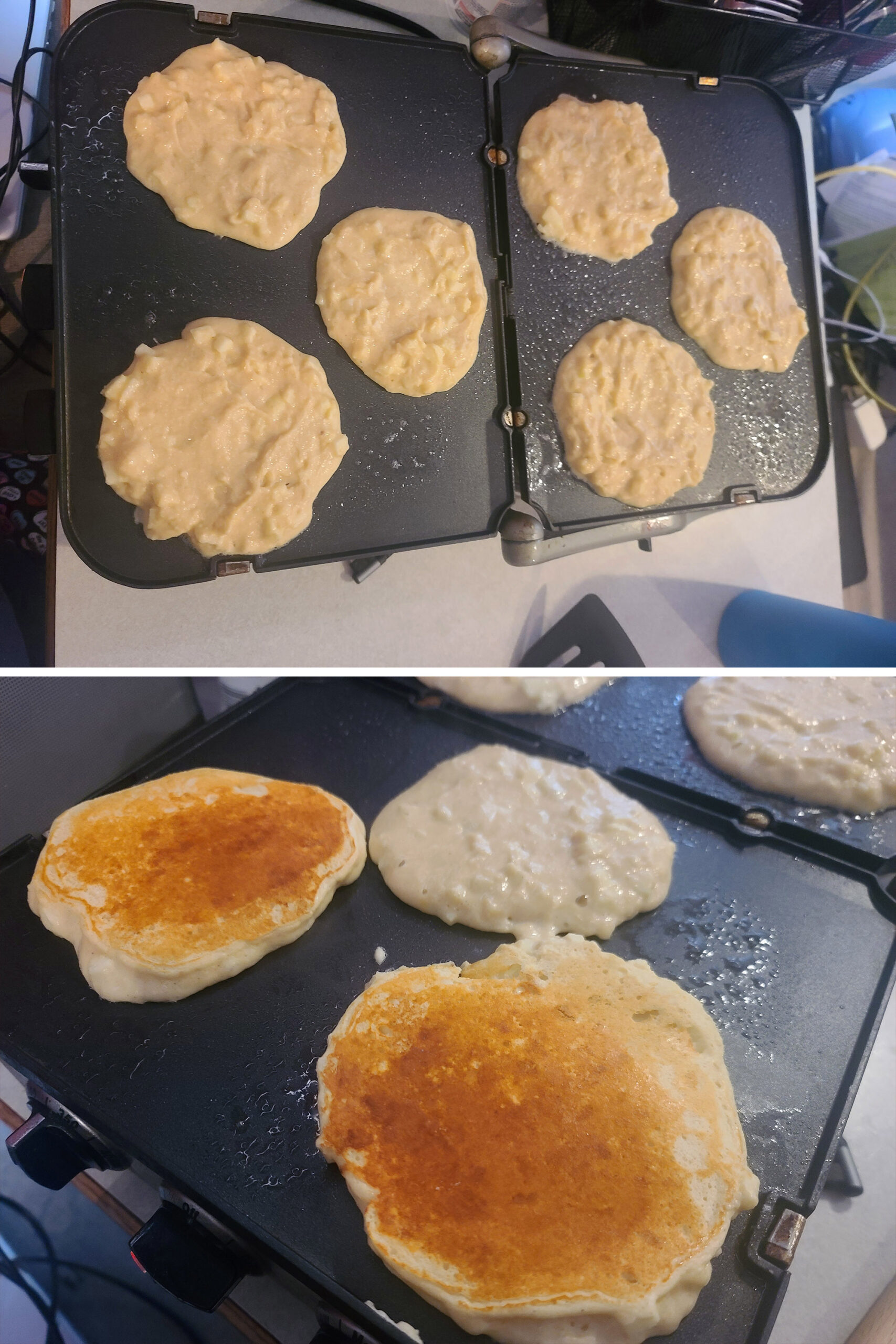 2 part image showing pancakes cooking on an indoor griddle.
