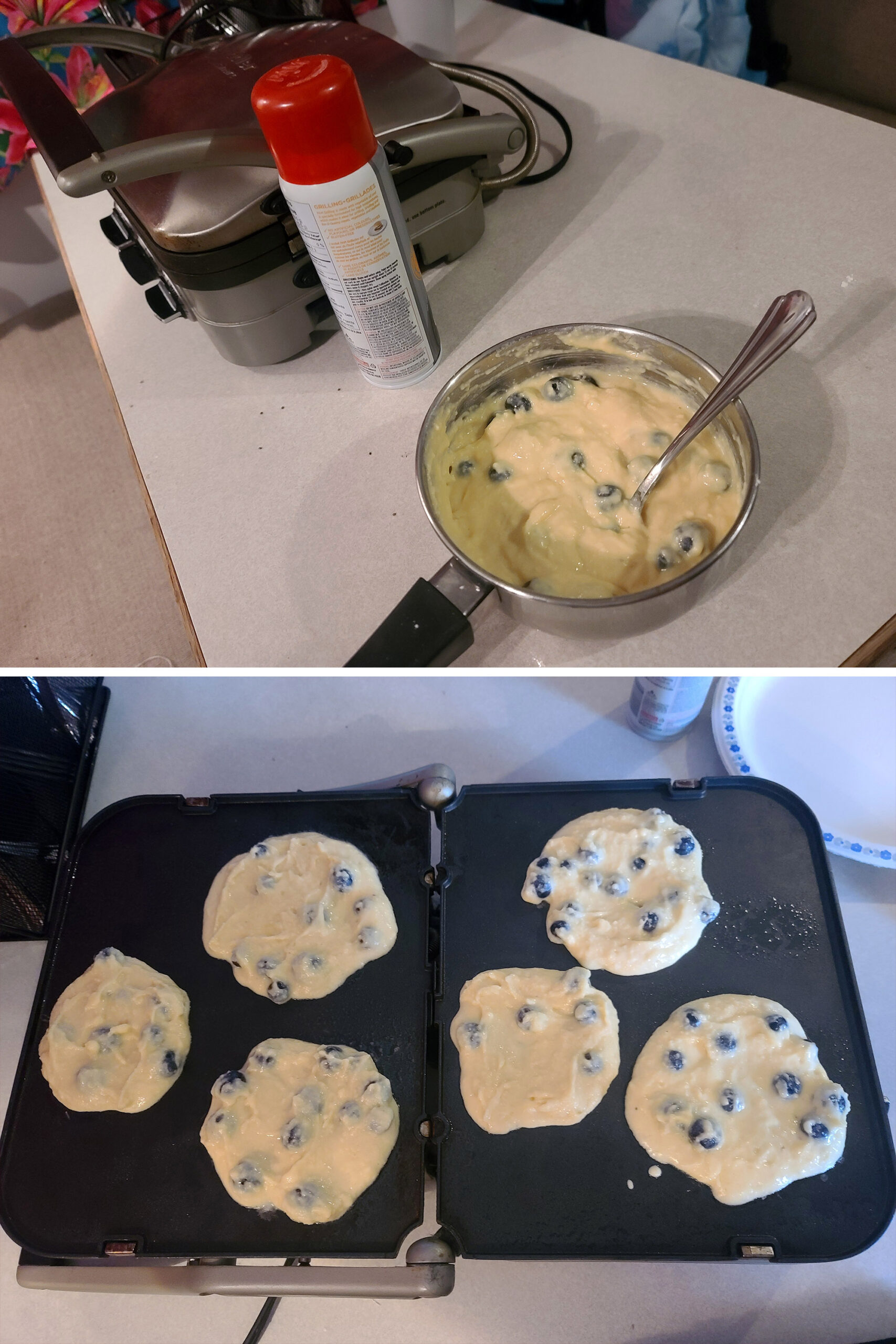 2 part image showing blueberry camp pancakes being mixed and cooked on a griddle.