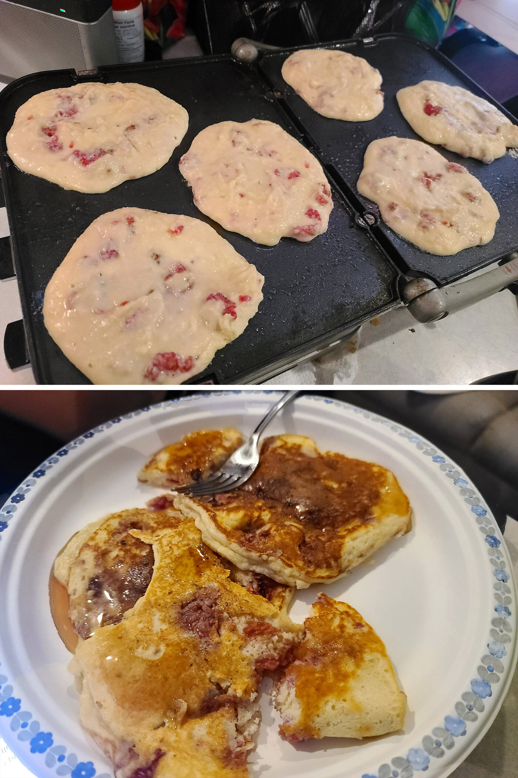 A 2 part image showing pancakes with raspberries in the batter cooking on a griddle, and the finished raspberry pancakes on a paper plate.