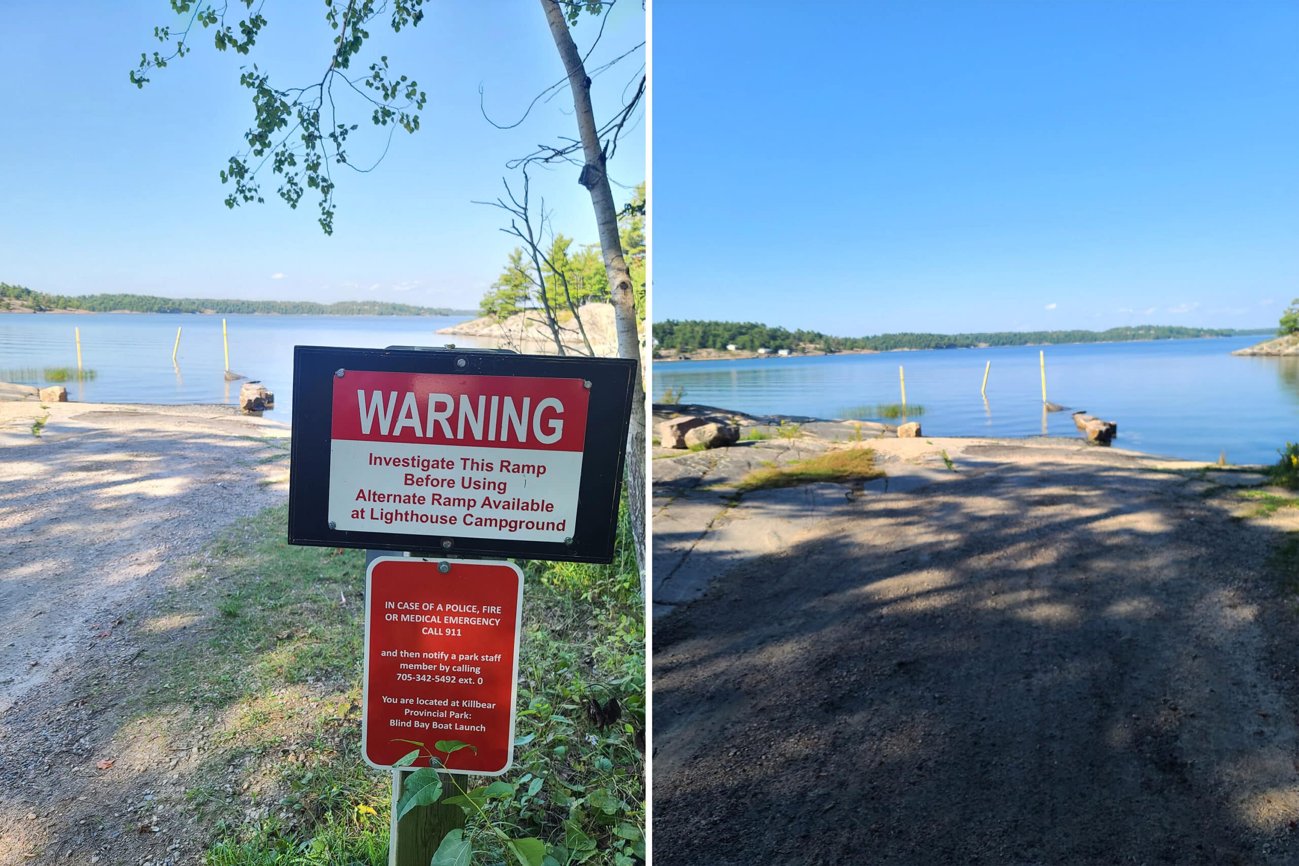 2 part image of a forlorn boat launch, with a sign warning people to investigate the launch before using it.