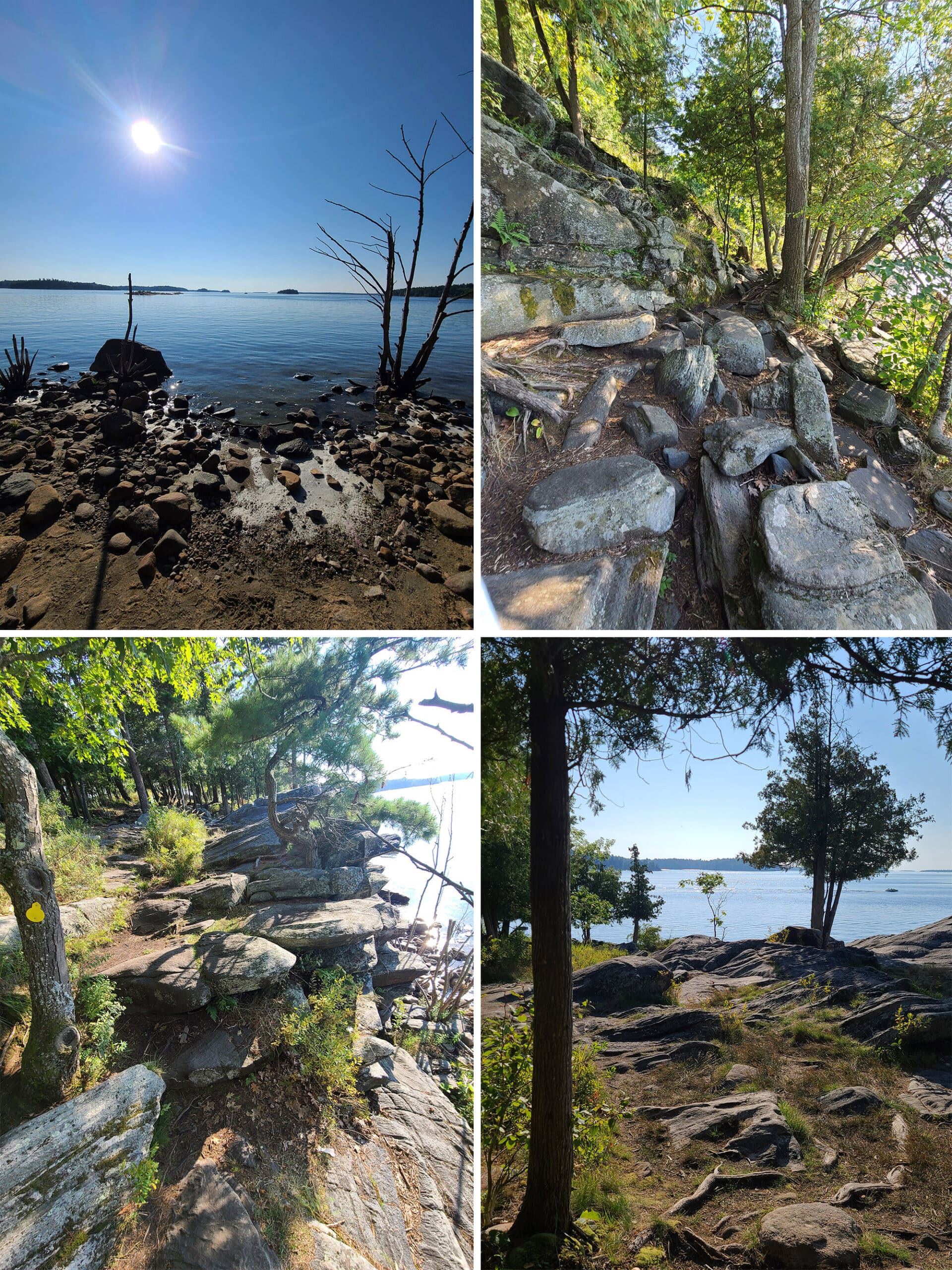 4 part image showing rocky and shoreline views from the lighthouse point hiking trail.