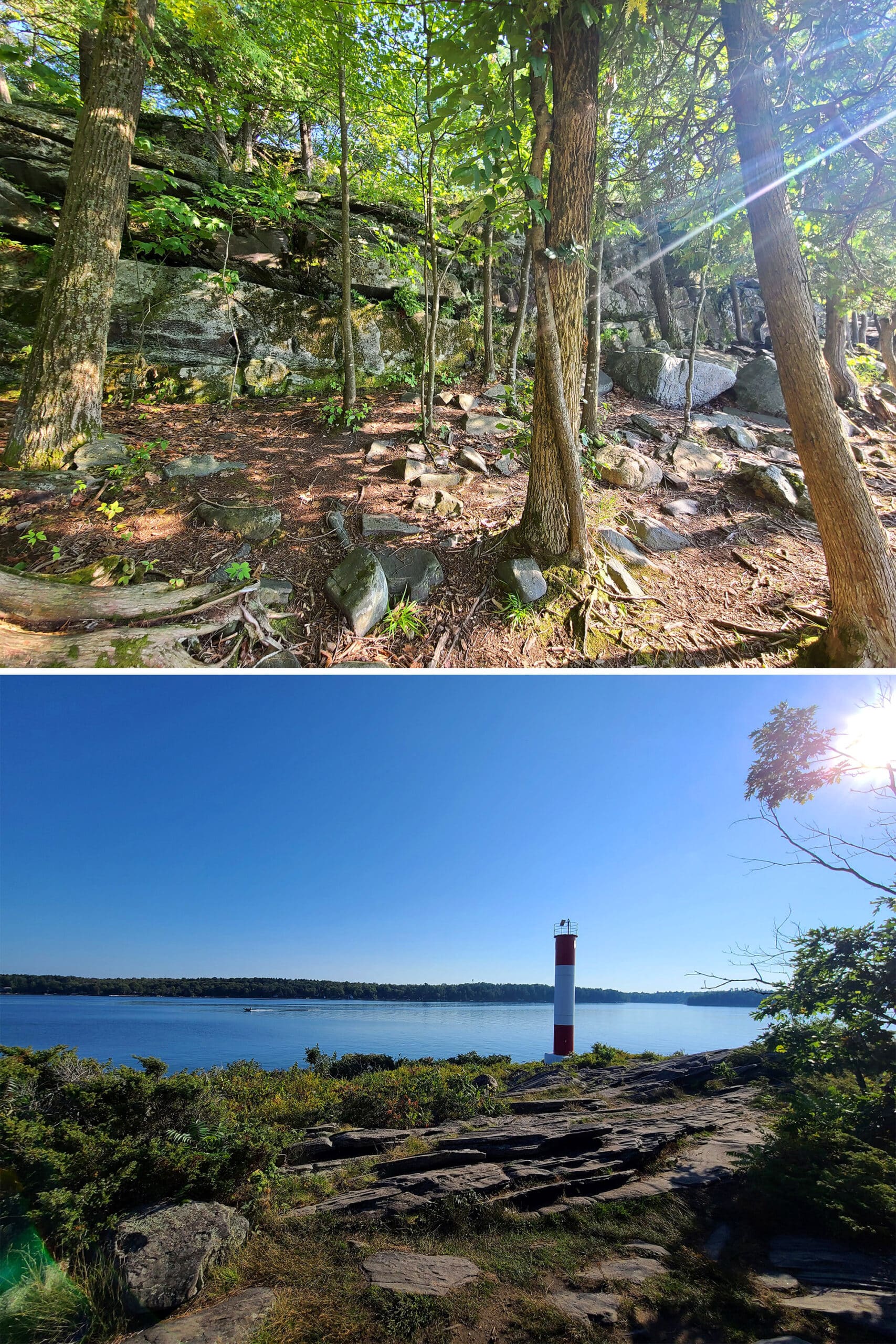 2 part image showing rocky and shoreline views of the lighthouse point trail.