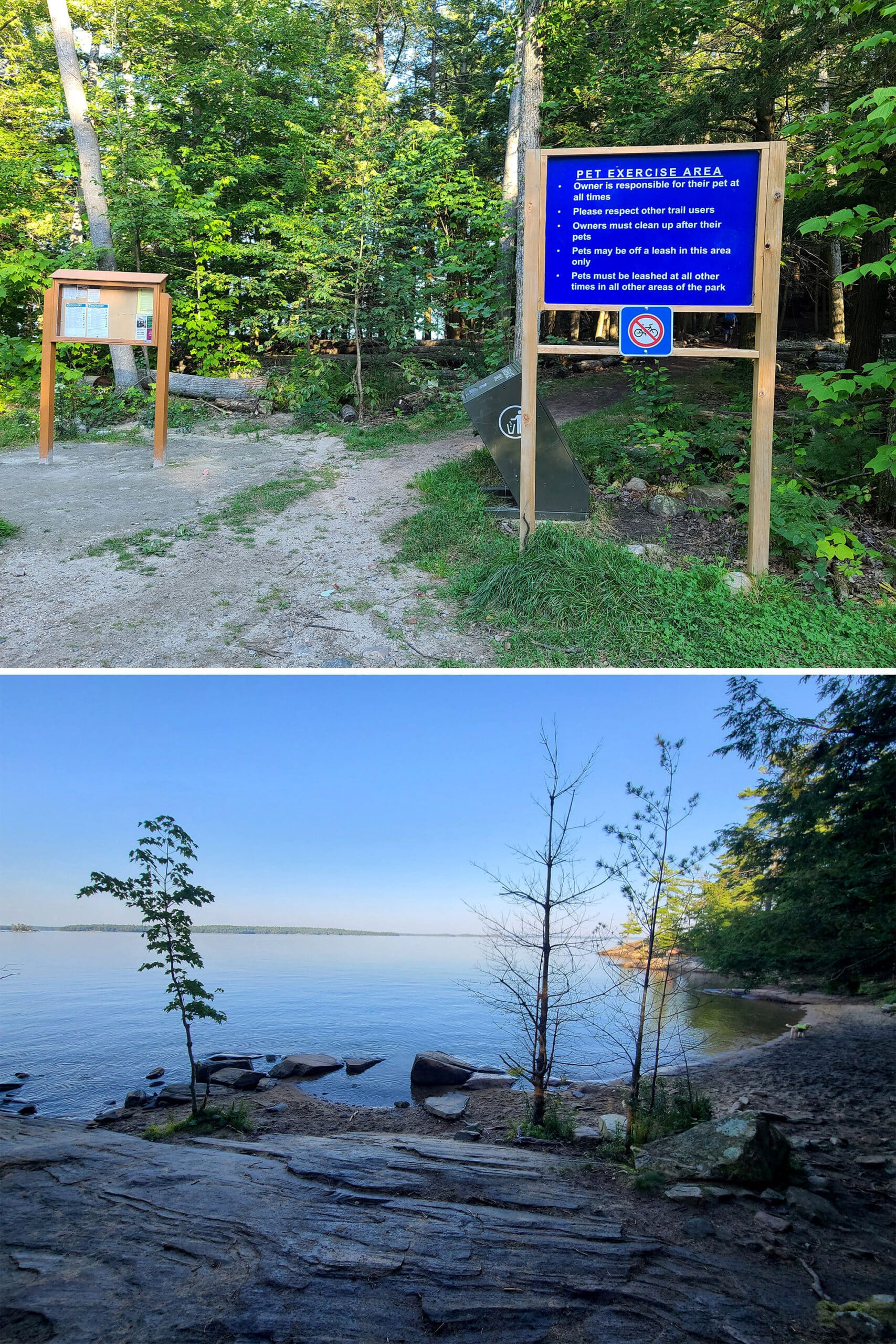 2 part image showing a sign designating the off leash dog area, and a section of beach used as a dog exercise area.