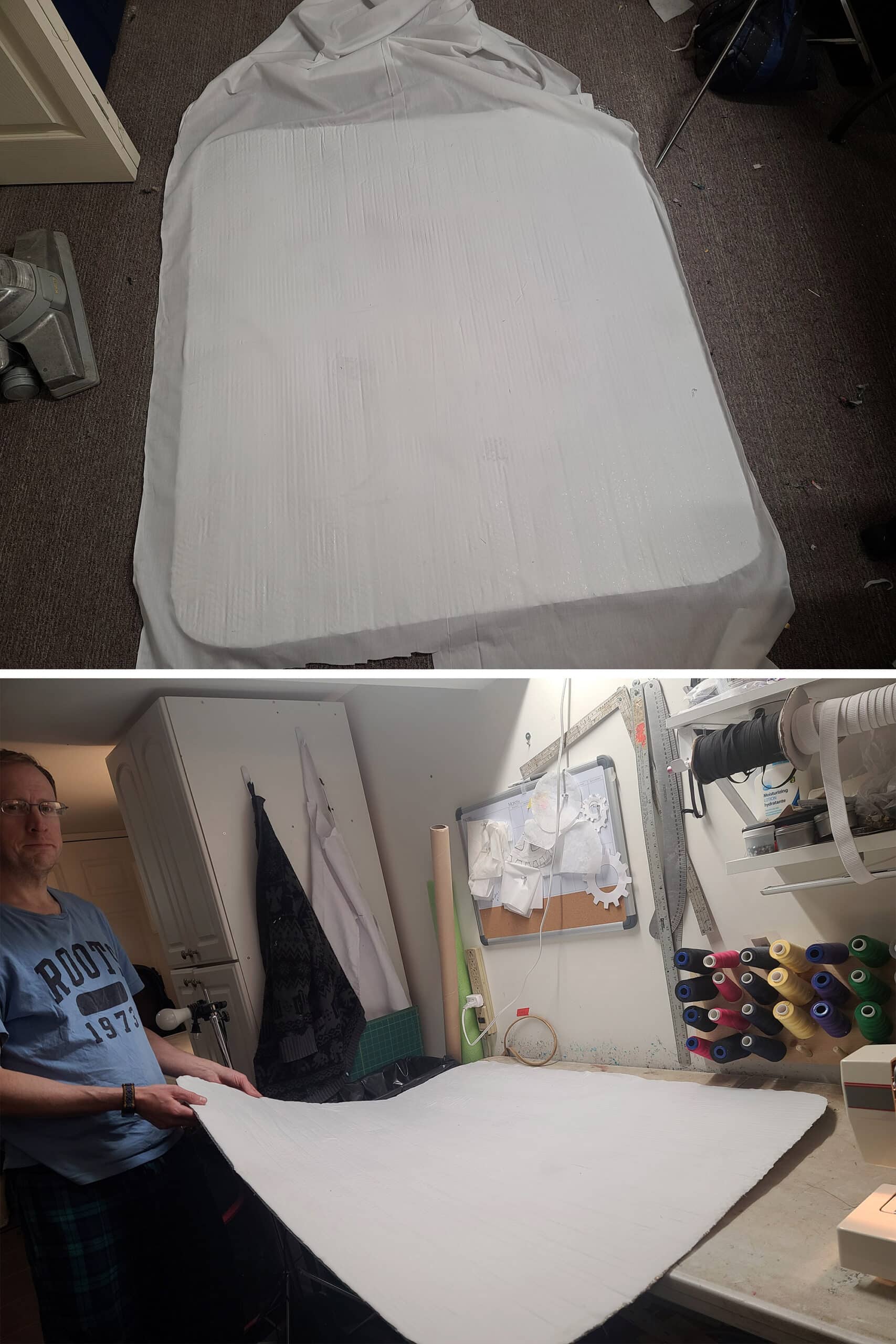 A 2 part image showing fabric being stretched over a LARGE piece of reflectix, and a man holding a corner of a large fabric covered window shade, supporting it on the sewing table.