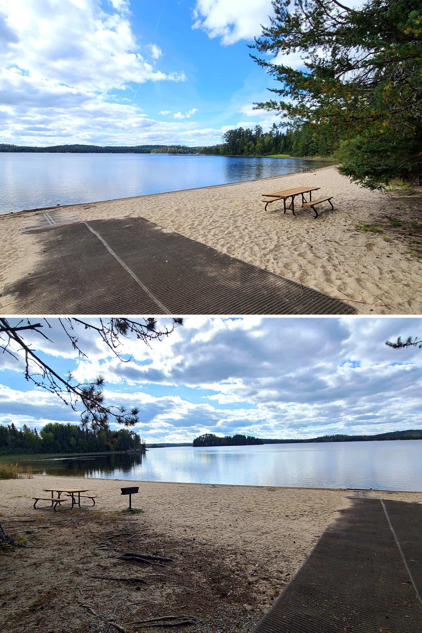 2 part image showing a wheelchair carpet extending out onto a beautiful sand beach.